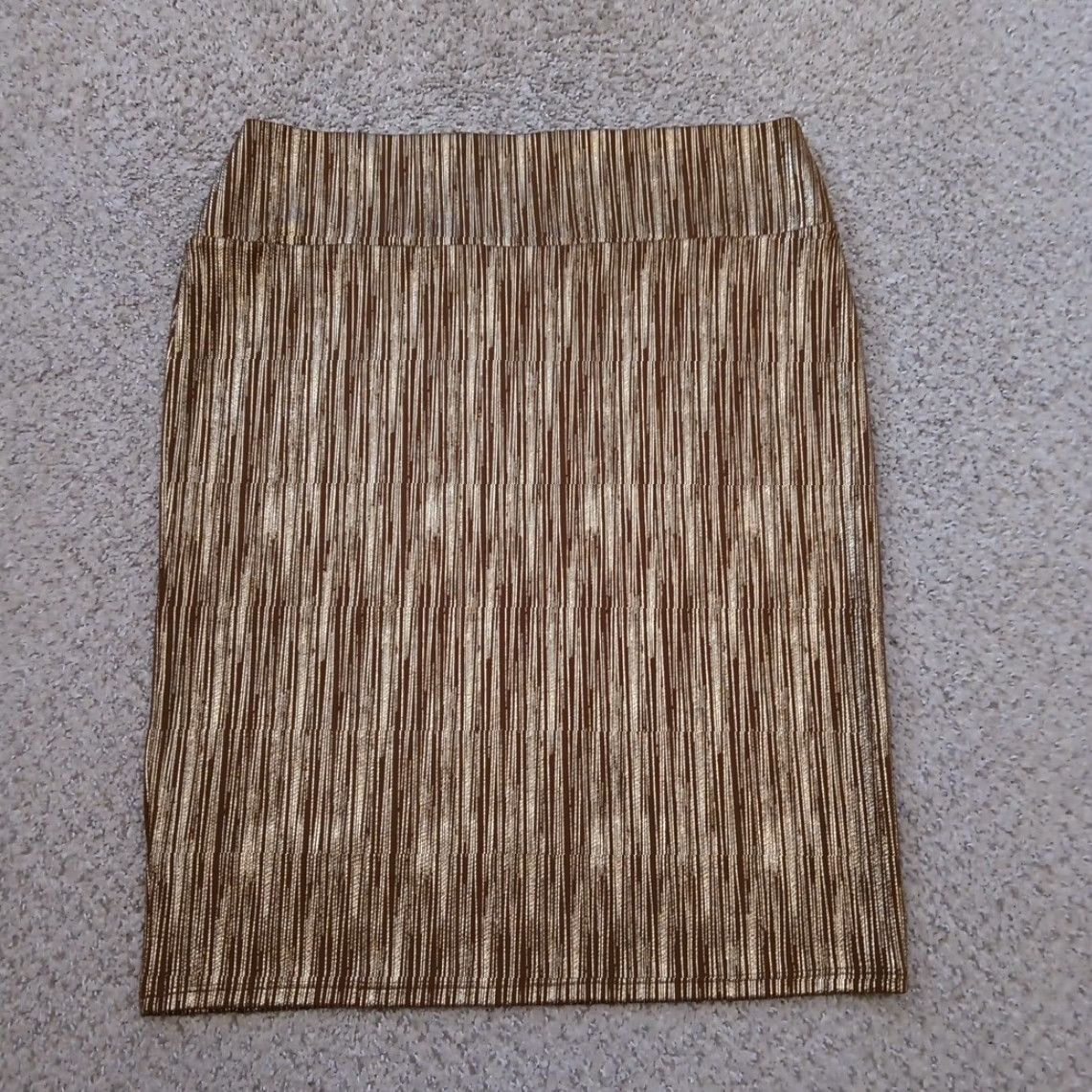 Vintage LuLaRoe Skirt 3XL Knee Length Unlined Pull On Brown Striped Metalic Polyester Spandex Women Casual Pencil Style Size 40" / US 18 - 6 Thumbnail