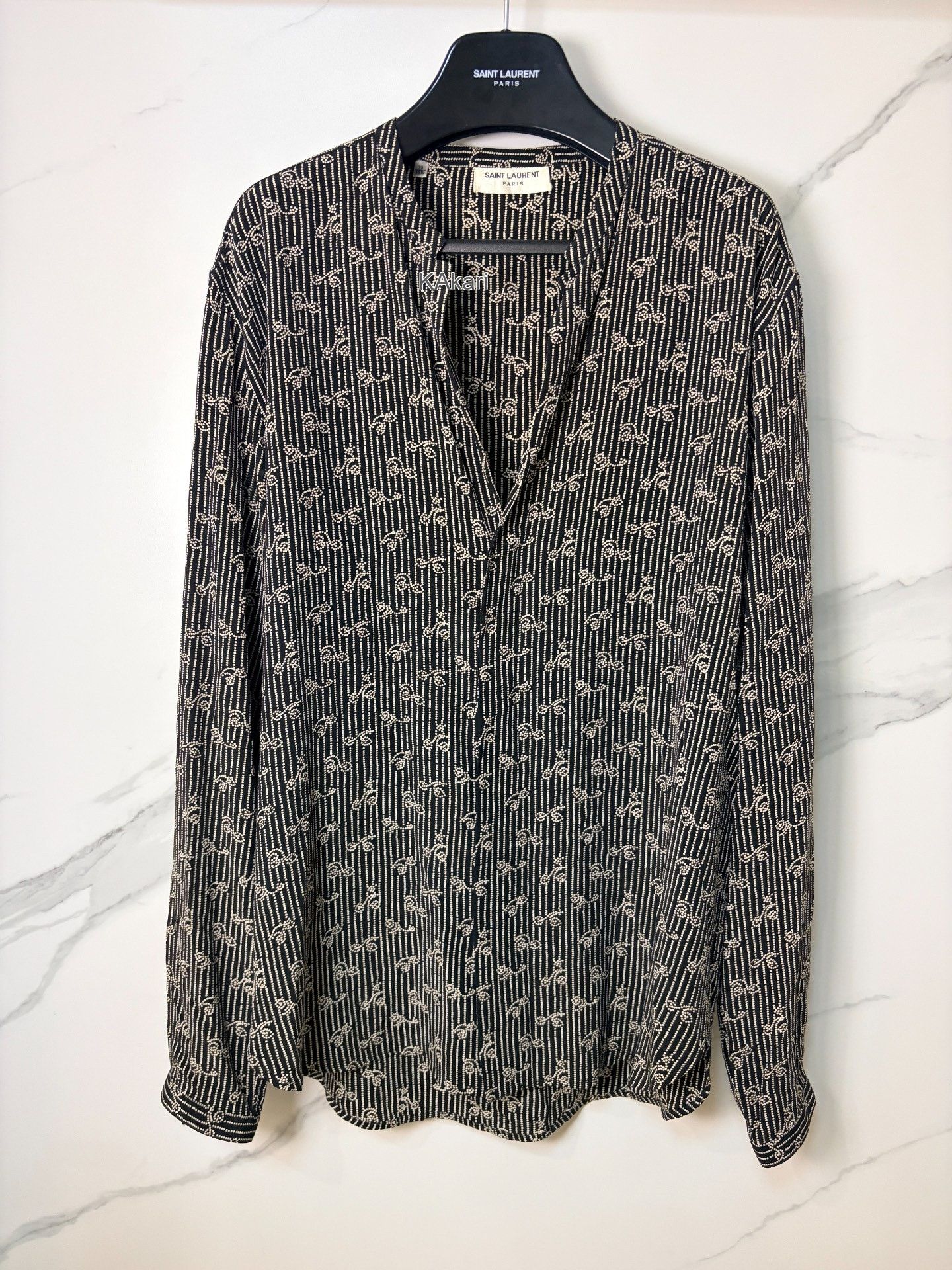 Anthony Vaccarello Saint Laurent SLP Silk Printed Henley Shirt Size US M / EU 48-50 / 2 - 1 Thumbnail