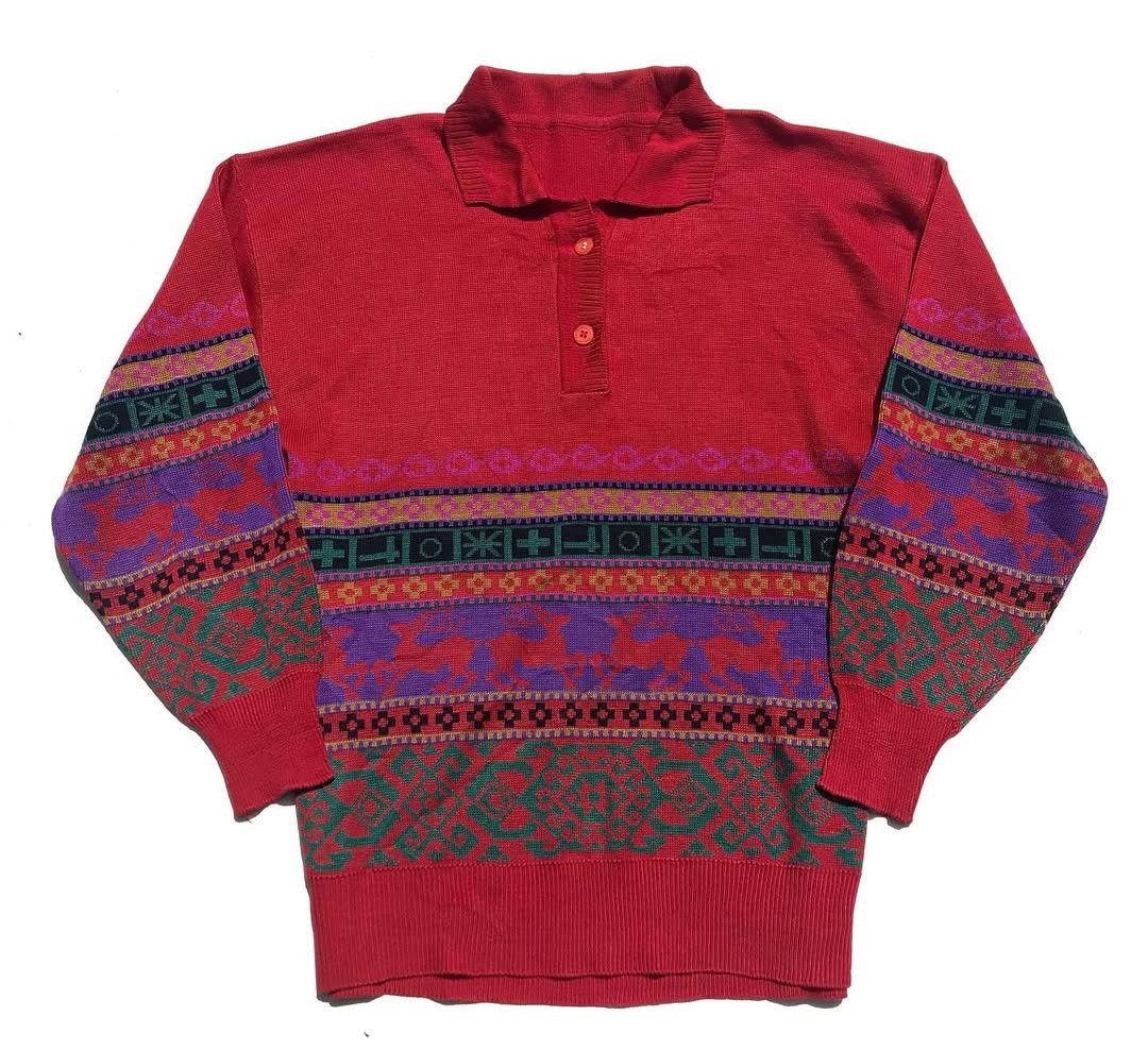 Aran Isles Knitwear × Vintage Vintage Fair Isle Polo Knitwear Jumper Pullover With Collar Size US L / EU 52-54 / 3 - 1 Thumbnail