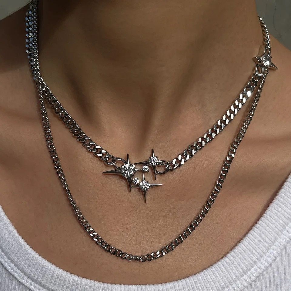 Jewelry x Vintage Shiny Crystal Star Chains Tassel Layered Choker Necklaces in Silver, Men's