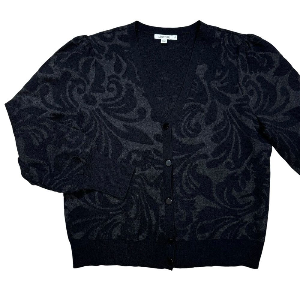 Chicos New Chico's Black Mesh Jacquard Cardigan Size 2 US L Size L / US 10 / IT 46 - 6 Thumbnail