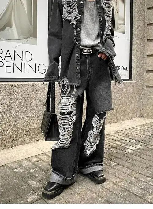 Jean × Vintage Baggy distressed ripped wide leg y2k jeans Size US 32 / EU 48 - 3 Thumbnail