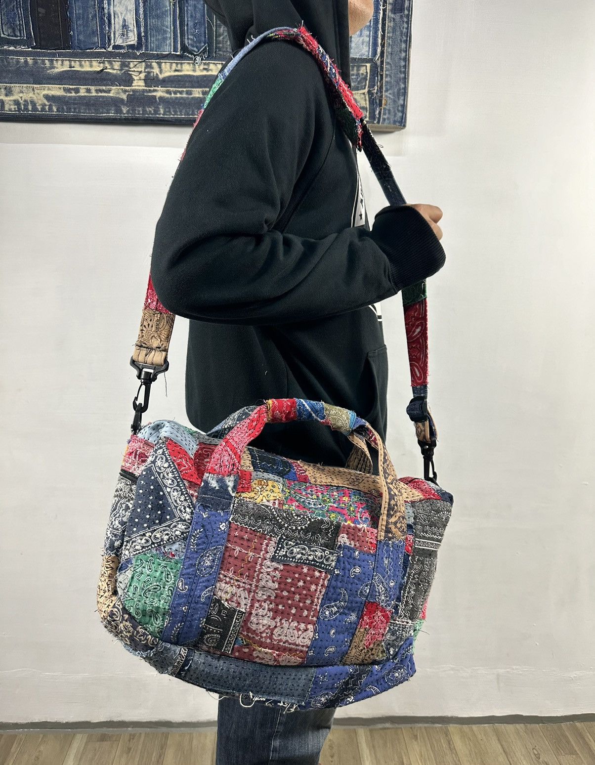 Handmade Custom Made Distressed Patchwork Boro Paisley Sling bag Size ONE SIZE - 15 Thumbnail