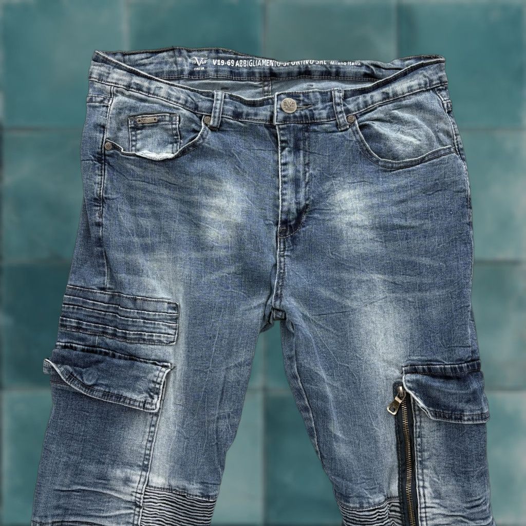 Vintage V19.69 Italia Jeans Mens 38x32 Blue Medium Wash Slim Skinny Moto Biker Cargo Zip Shirt Size US 38 / EU 54 - 1 Thumbnail