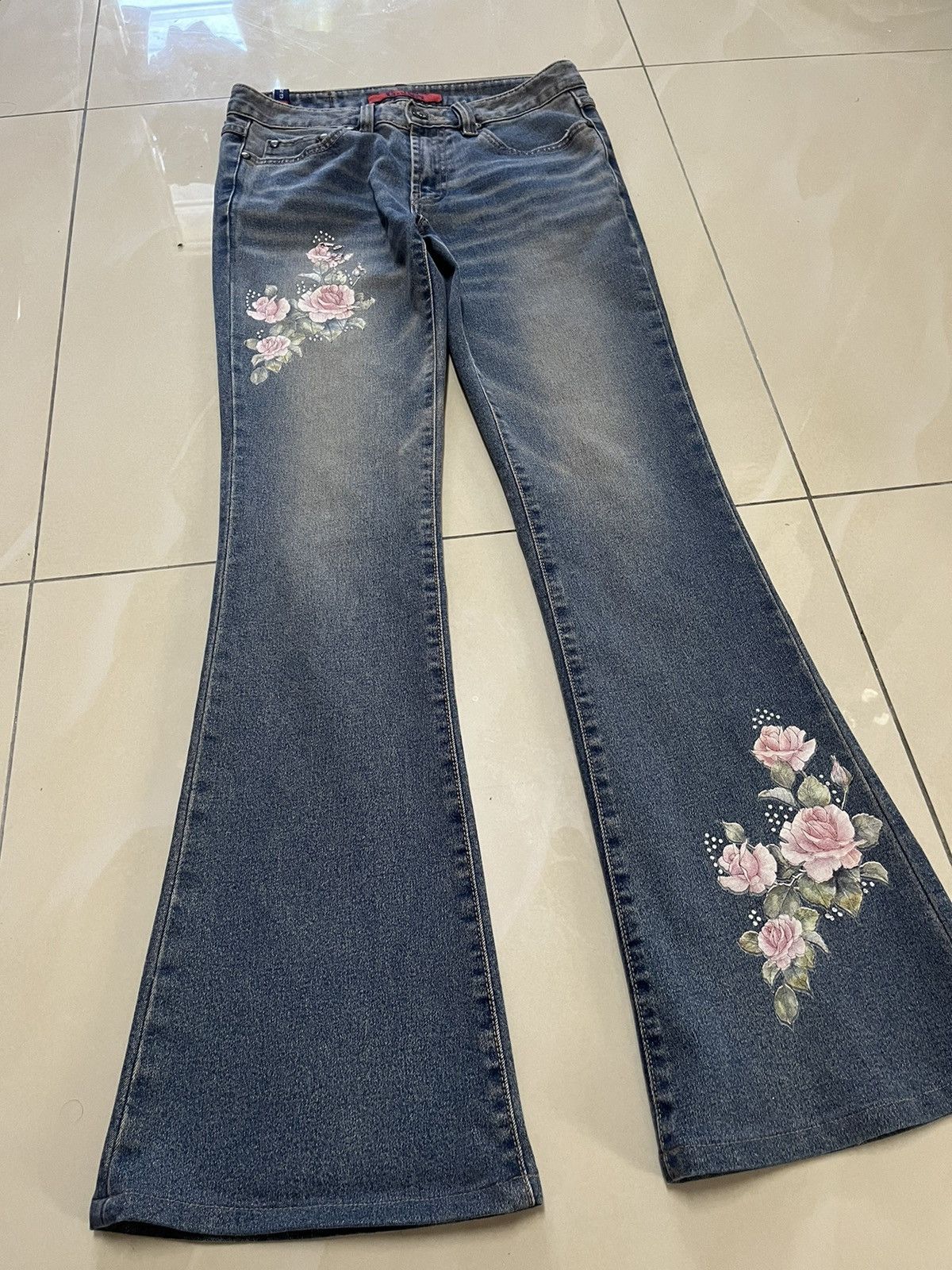 Tornado Mart Flare Jeans G.JON roses distressed low rise rusty denim Size US 29 - 2 Thumbnail