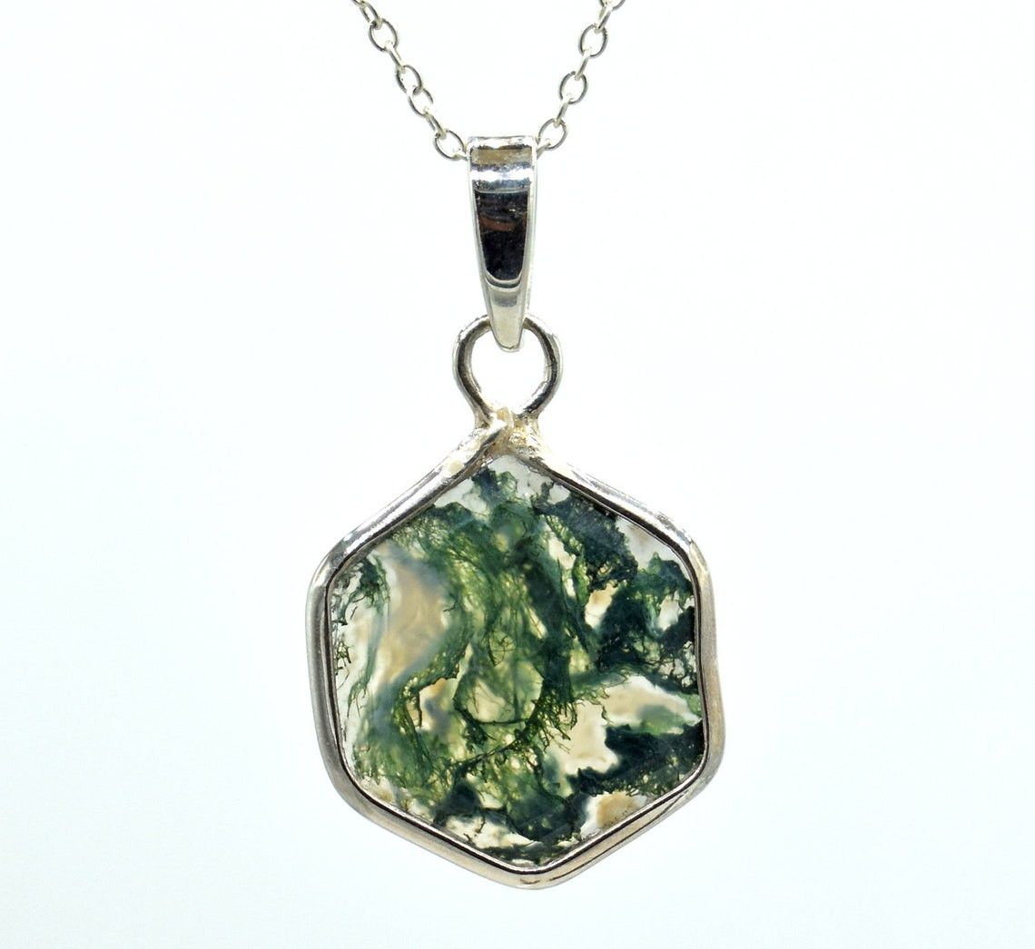 Handmade Natural Moss Agate 925 Silver Pendant Necklace - 18 Inch Size ONE SIZE - 4 Thumbnail