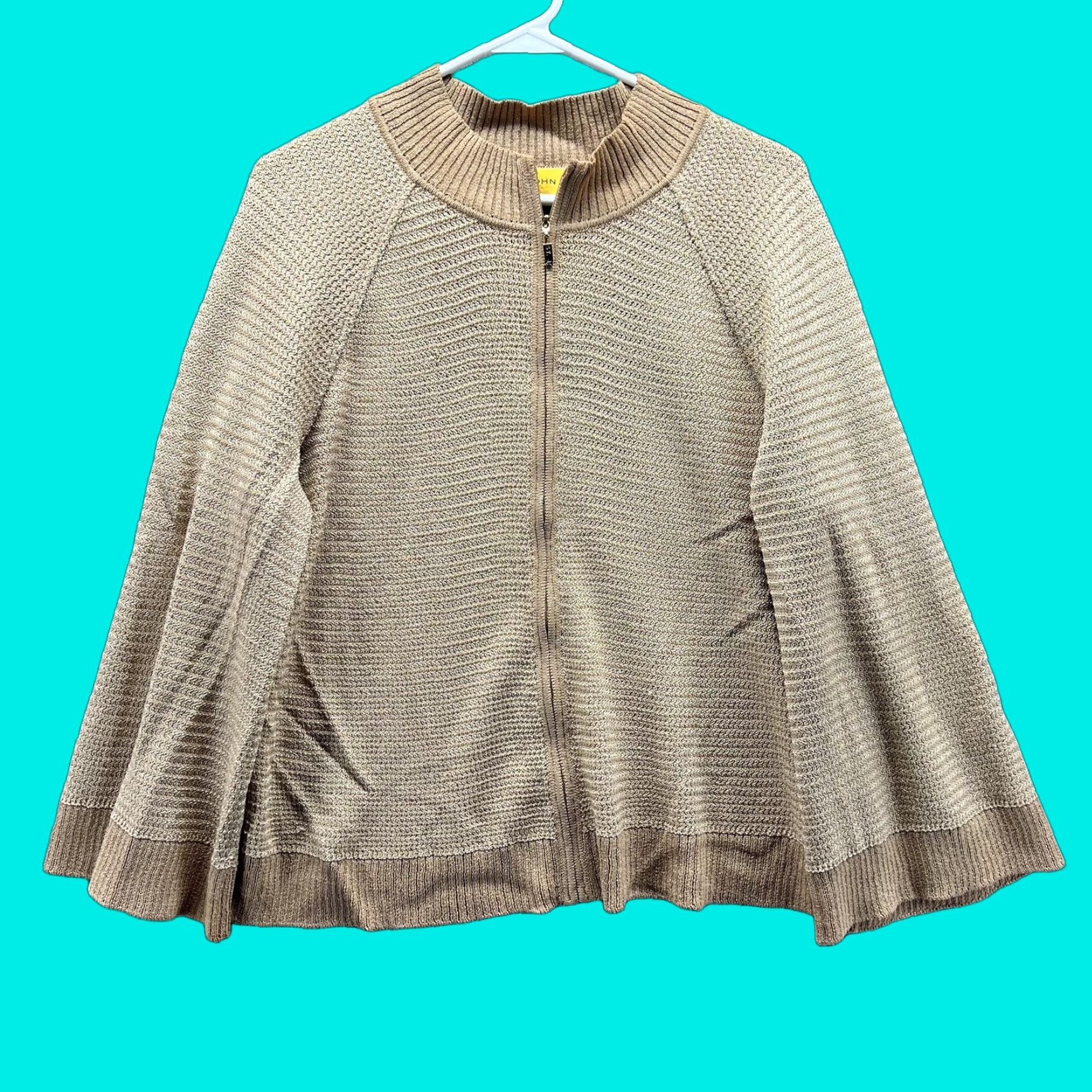 St. John St John Sweater Womens L Beige Full Zip Mock Neck Bell Sleeve Knit Cardigan Size L / US 10 / IT 46 - 1 Thumbnail