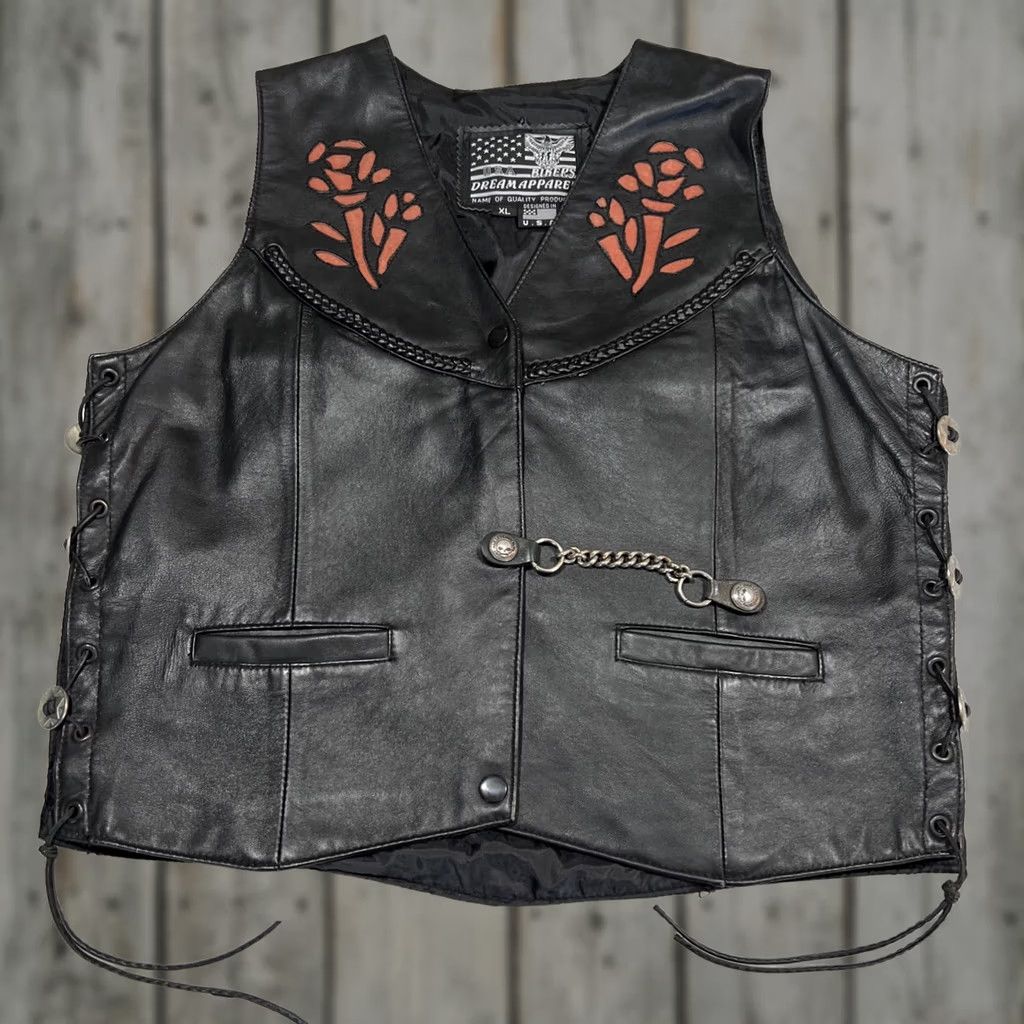 Vintage Bikers Dream Apparel Vest Womens XL Black Leather Floral Fringe Snap Pockets Harley Key Chain Casual Biker Size XL / US 12-14 / IT 48-50 - 1 Thumbnail