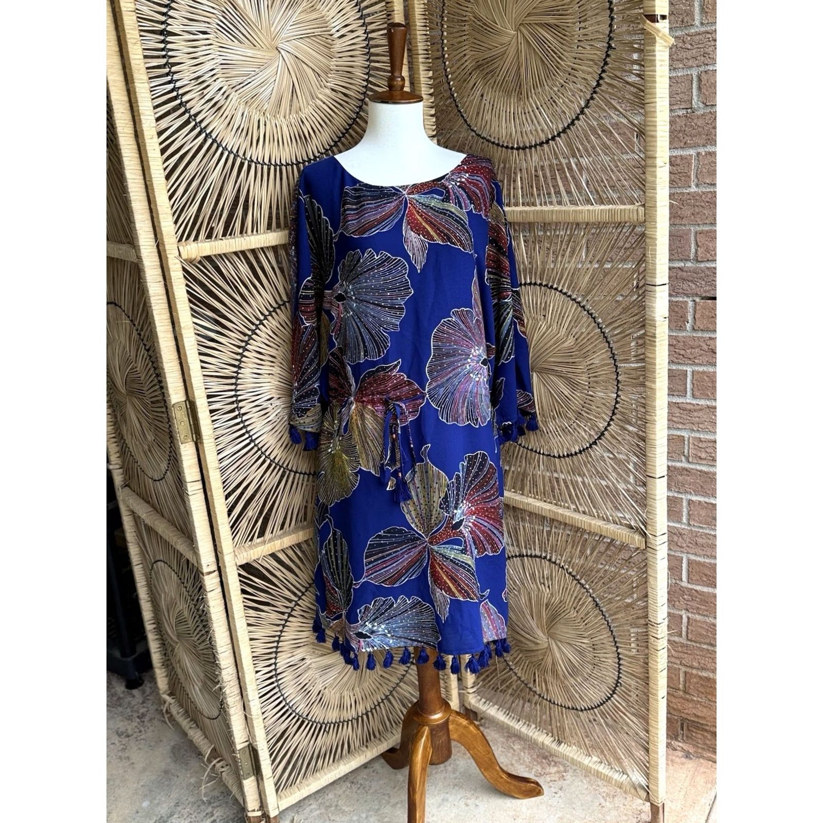 Trina Turk Trina Turk Women's Shift Dress Multicolor Floral Short Sleeve Lined Belted Knee Length 8 Dolman Fringe Tie Party Casual Wedding Holiday Size M / US 6-8 / IT 42-44 - 2 Thumbnail