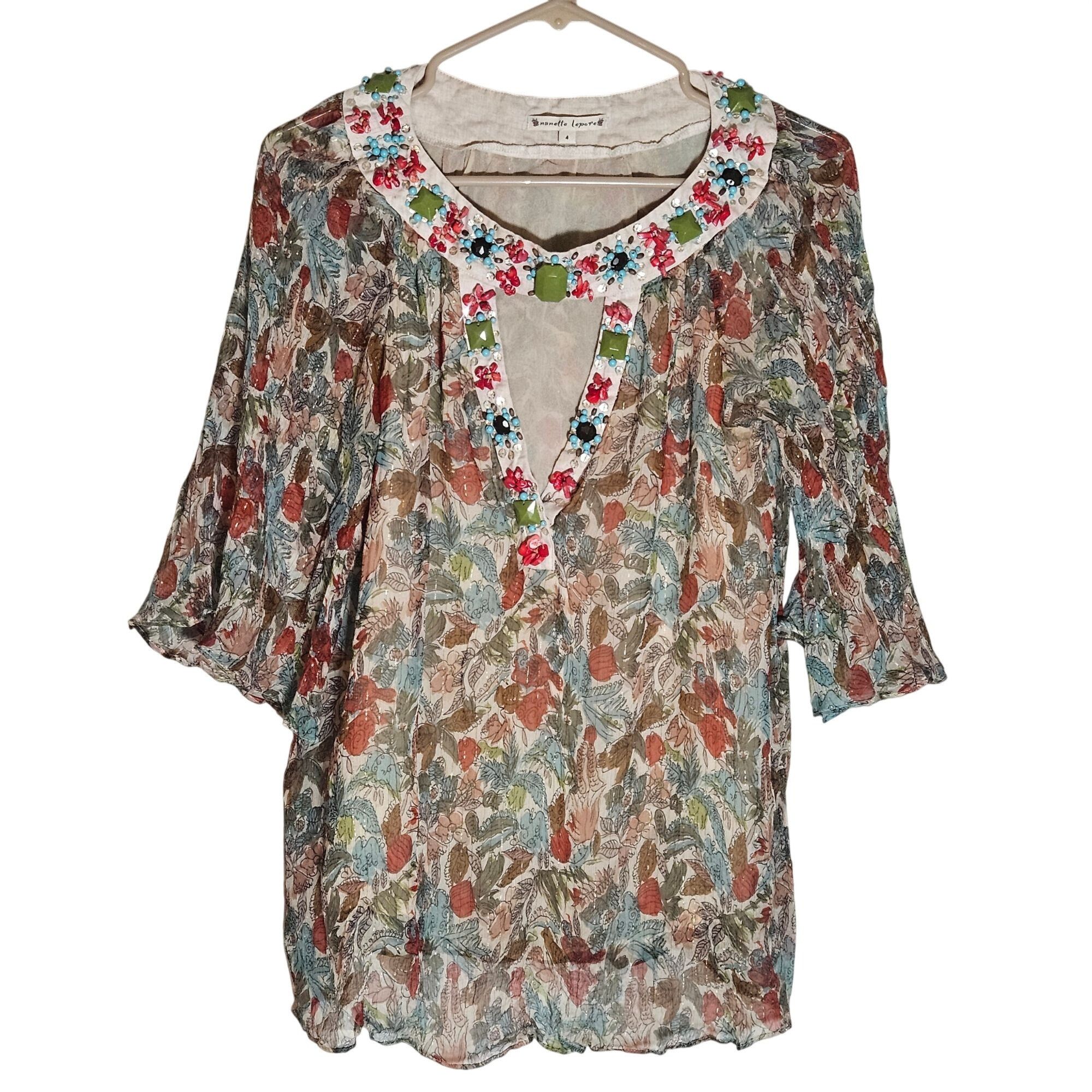 Nanette Lepore Nanette Lepore Silk Blouse 4 Embellished Floral Silk, Boho C Size S / US 4 / IT 40 - 2 Thumbnail