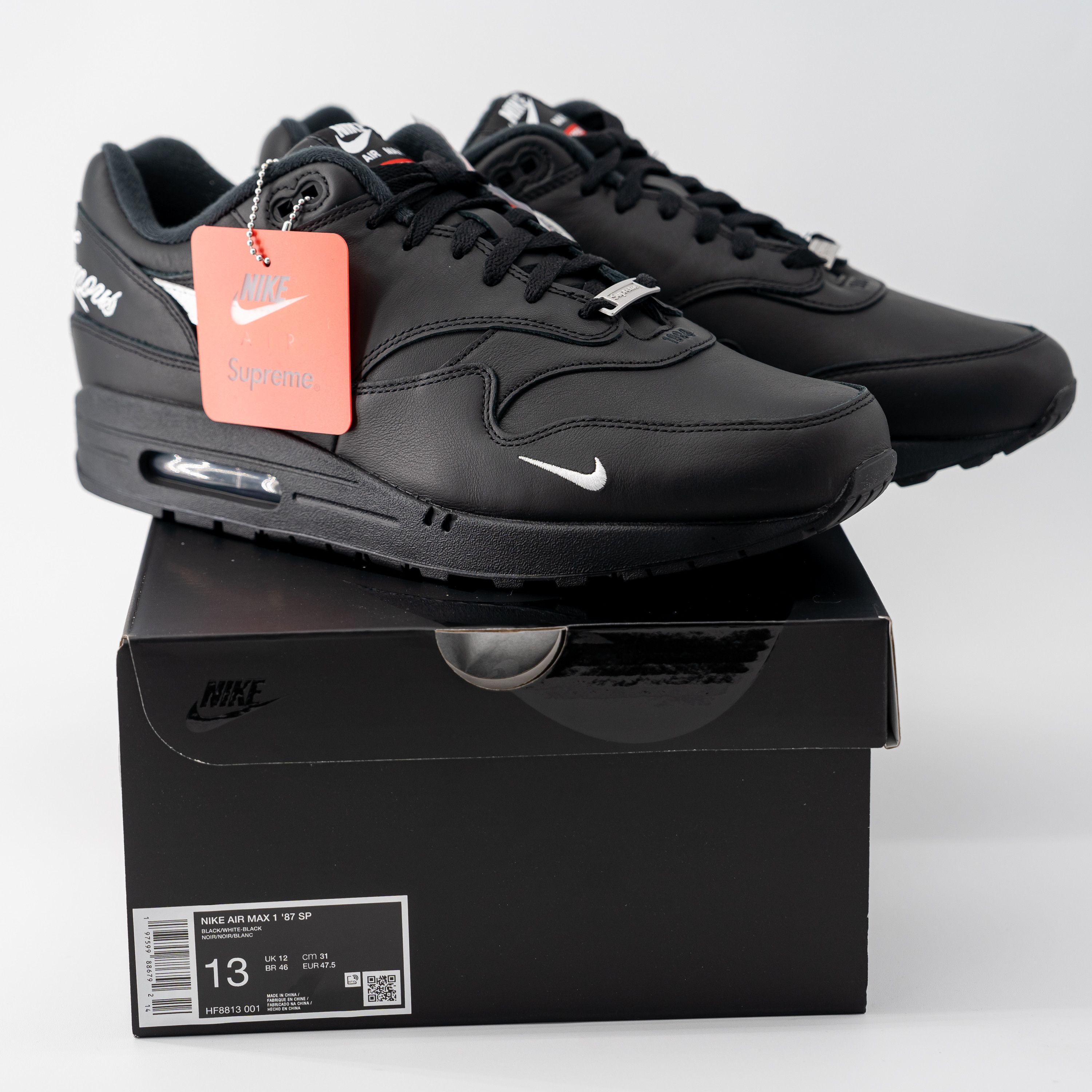 Nike 13 - Nike Supreme x Air Max 1 '87 SP Black White HF8813 001 Size US 13 / EU 46 - 14 Thumbnail