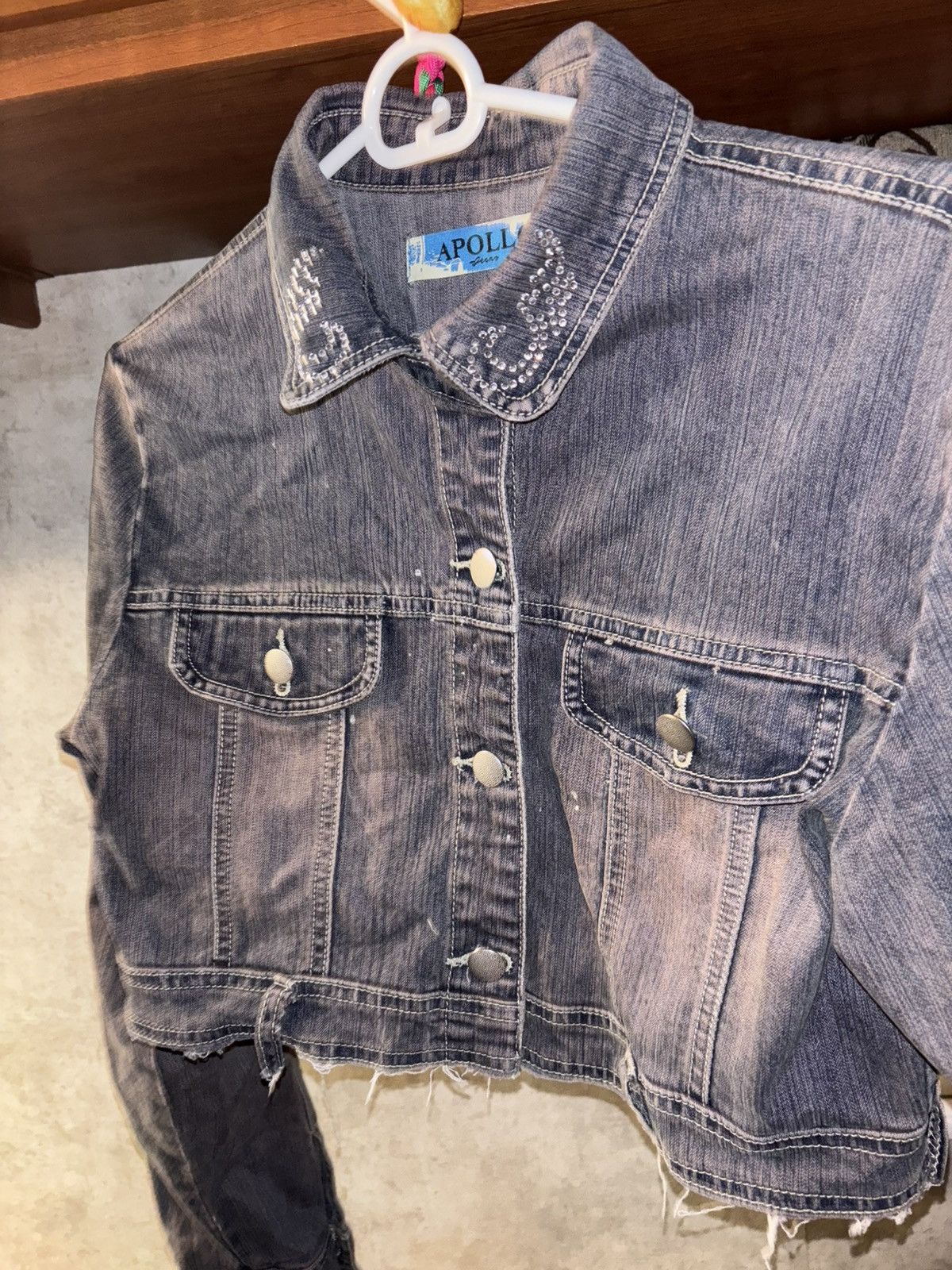 Apollo Vintage Rhinestone Motorcycle Cropped Denim Jacket Grunge Size L / US 10 / IT 46 - 5 Thumbnail