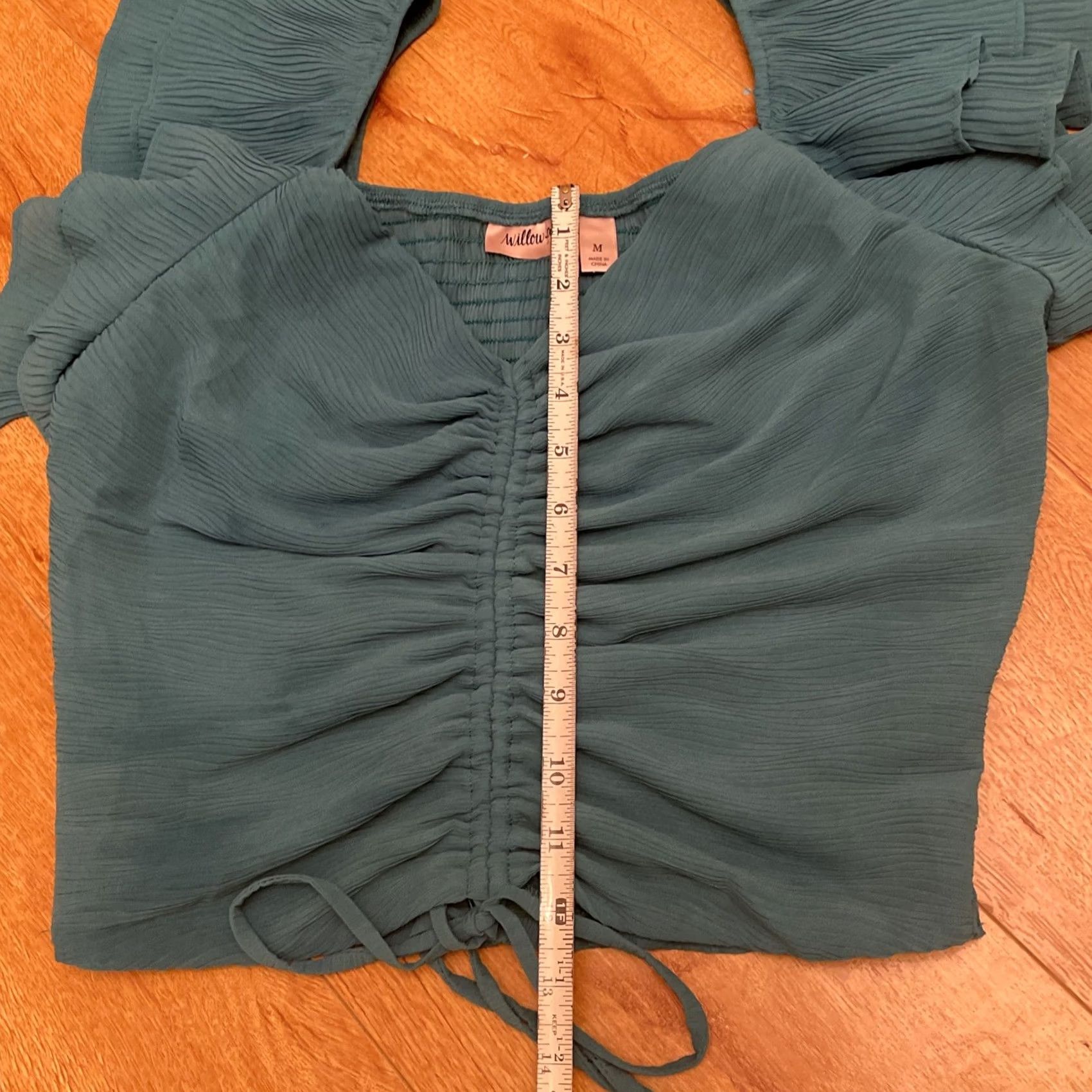Roots Root Willow Teal Ruffle Sleeve Crop Blouse Med Rouged Tie Front Smocked Boho Women Size M / US 6-8 / IT 42-44 - 5 Thumbnail