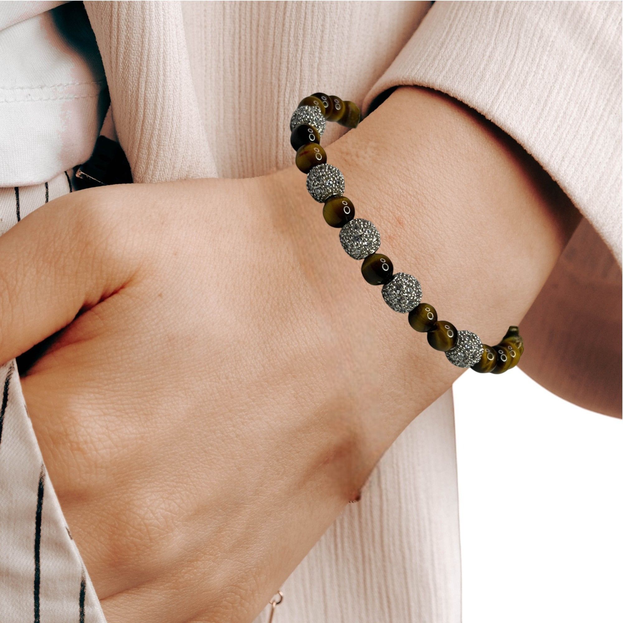 Designer Tigers Eye & Rhinestone Beaded Stretch Bracelet Size ONE SIZE - 2 Thumbnail