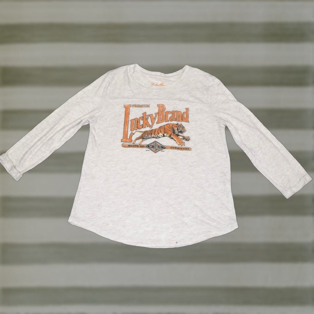 Lucky Brand Shirt Women L Beige Tiger Graphic Casual Knit Long Sleeve