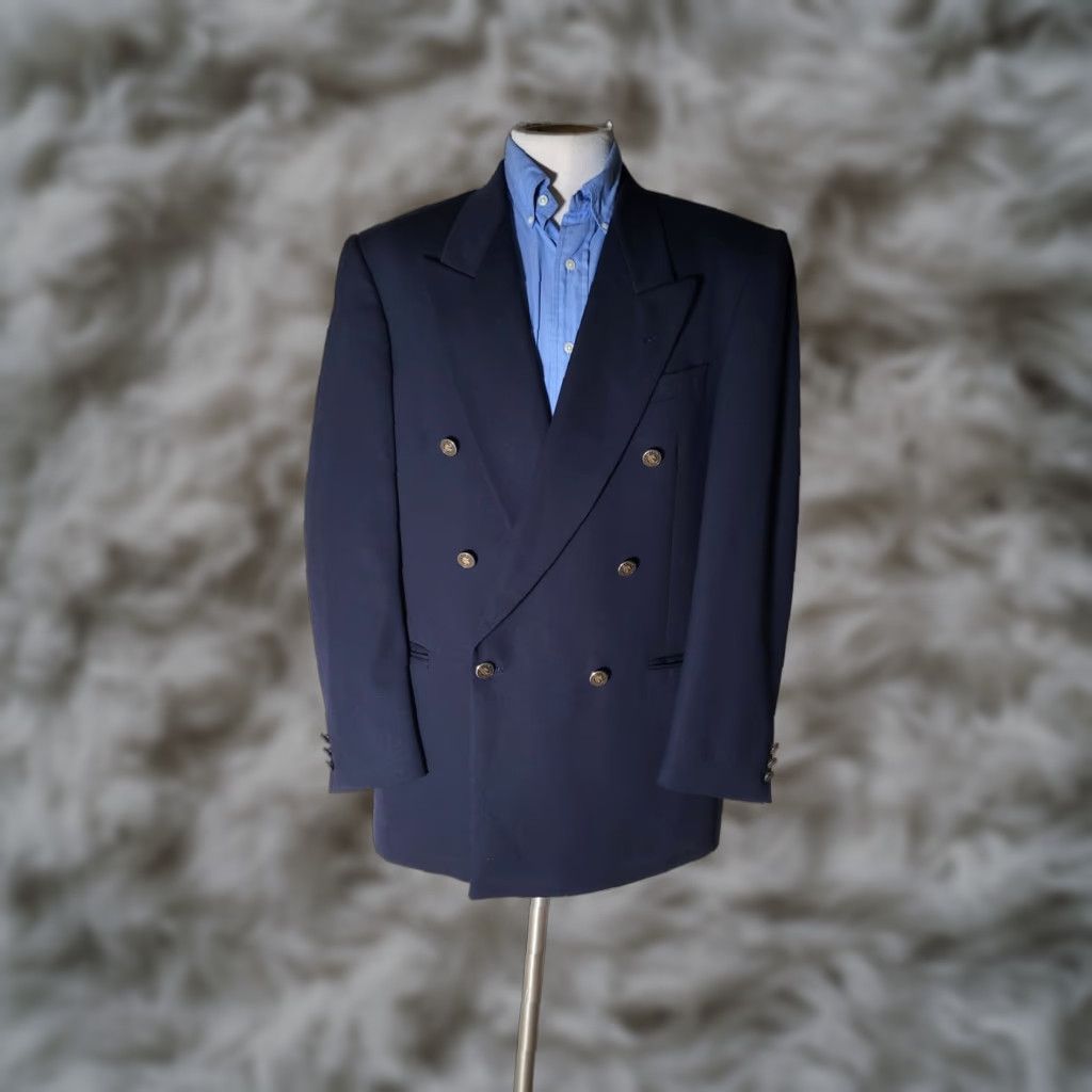 VINTAGE Pierre Cardin Sport Coat Jacket 40R 40L Double Breasted Navy Wool Blue Men Regular Six-Button Peak Lapel — New Without Tags