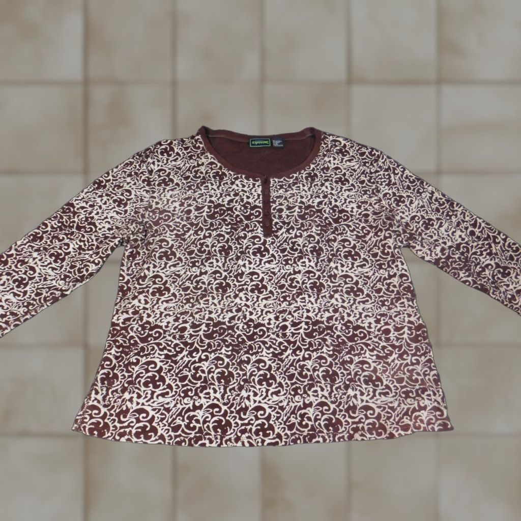 Vintage Southern Expressions Womens Blouse XL Pullover Crew Neck Long Sleeve Brown Geometric Cotton Polyester Rayon Ruffle Casual Regular Fit Vintage No N/A Size XL / US 12-14 / IT 48-50 - 1 Thumbnail