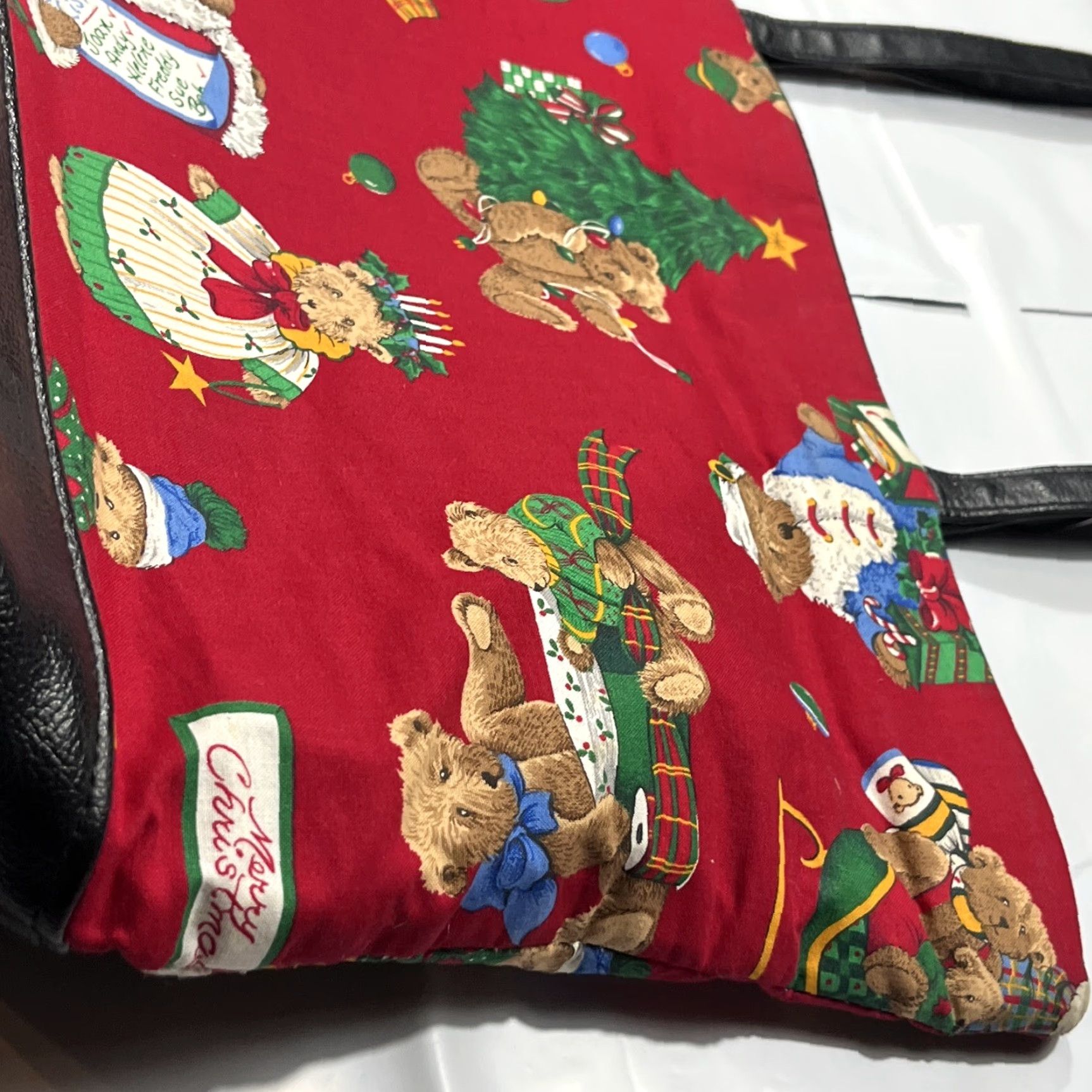 Vintage VINTAGE Unbranded Tote Bag Black Lined Cotton Canvas Christmas Teddy Bears 13”x19” Red Green Tree Santa Size ONE SIZE - 3 Thumbnail