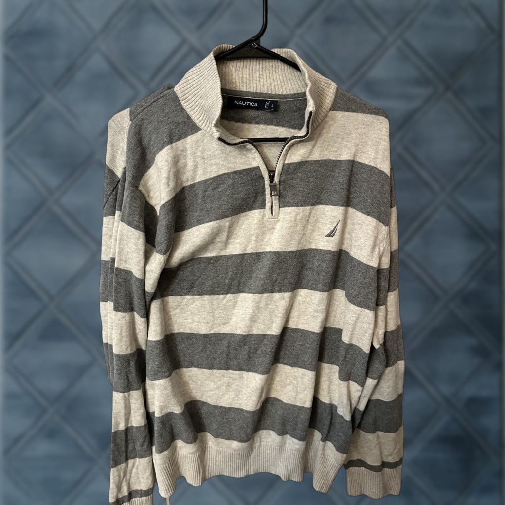 Nautica Nautica Sweater Mens Pullover 1/4 Zip Gray White Striped Long Sleeve L Regular Knit Fleece Logo Tight-Knit Size US L / EU 52-54 / 3 - 1 Thumbnail