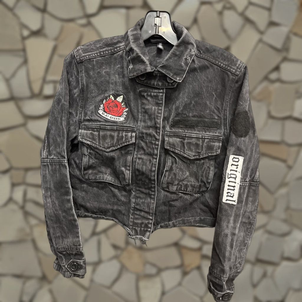 VINTAGE H&M Women's Denim Jacket Casual Size Black Patch Cotton