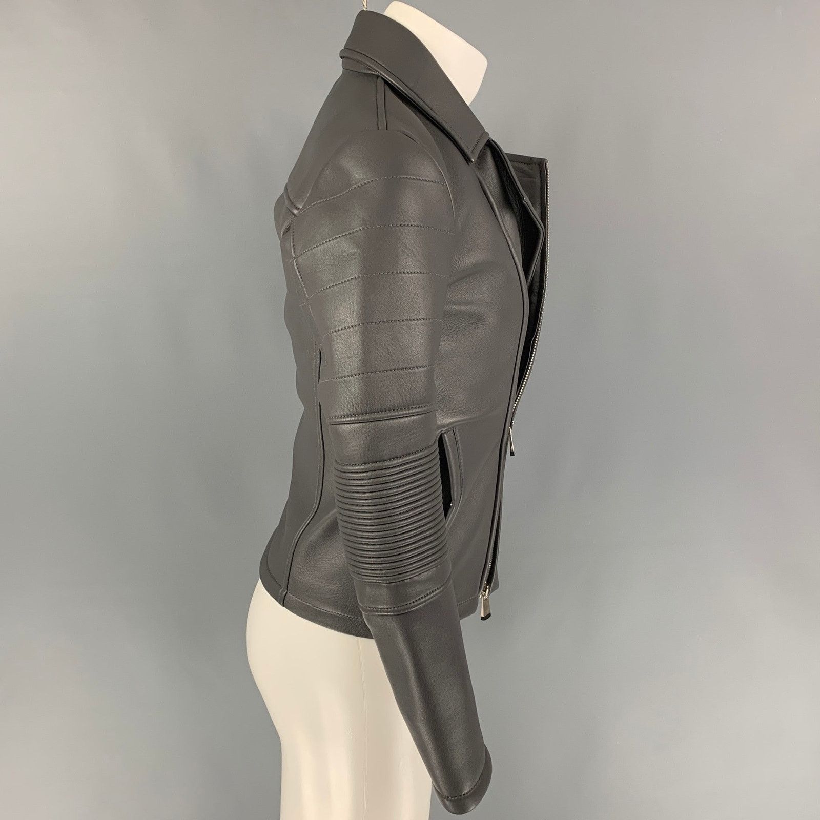 Emporio Armani EMPORIO ARMANI Size 34 Grey Leather Biker Jacket Size US S / EU 44-46 / 1 - 2 Thumbnail