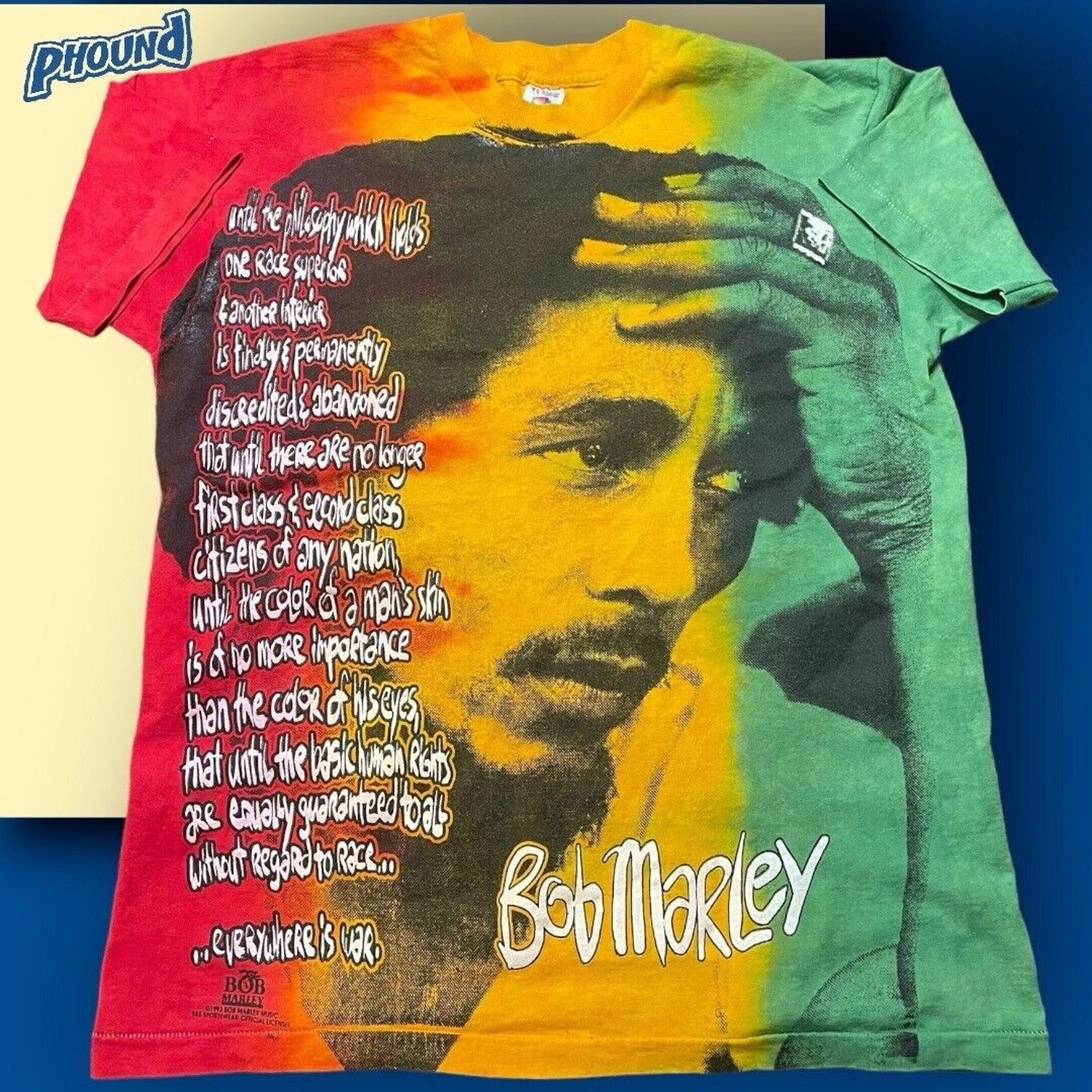Fruit Of The Loom Vtg Rare Bob Marley T-Shirt XL AOP 90s War Quote Tie Dyed Size US XL / EU 56 / 4 - 1 Thumbnail