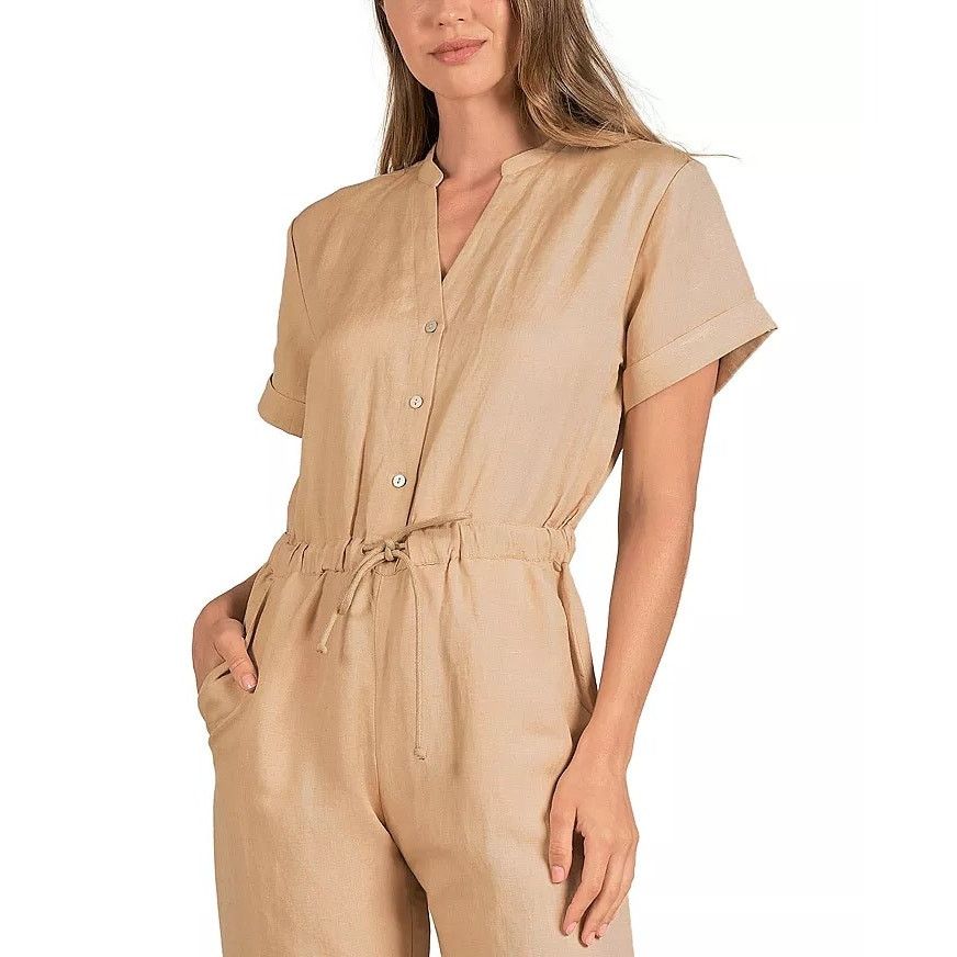 ELAN Elan Women Taupe Woven Linen/Viscose Casual Jumpsuit Size XS Size 26" / US 2 / IT 38 - 4 Thumbnail