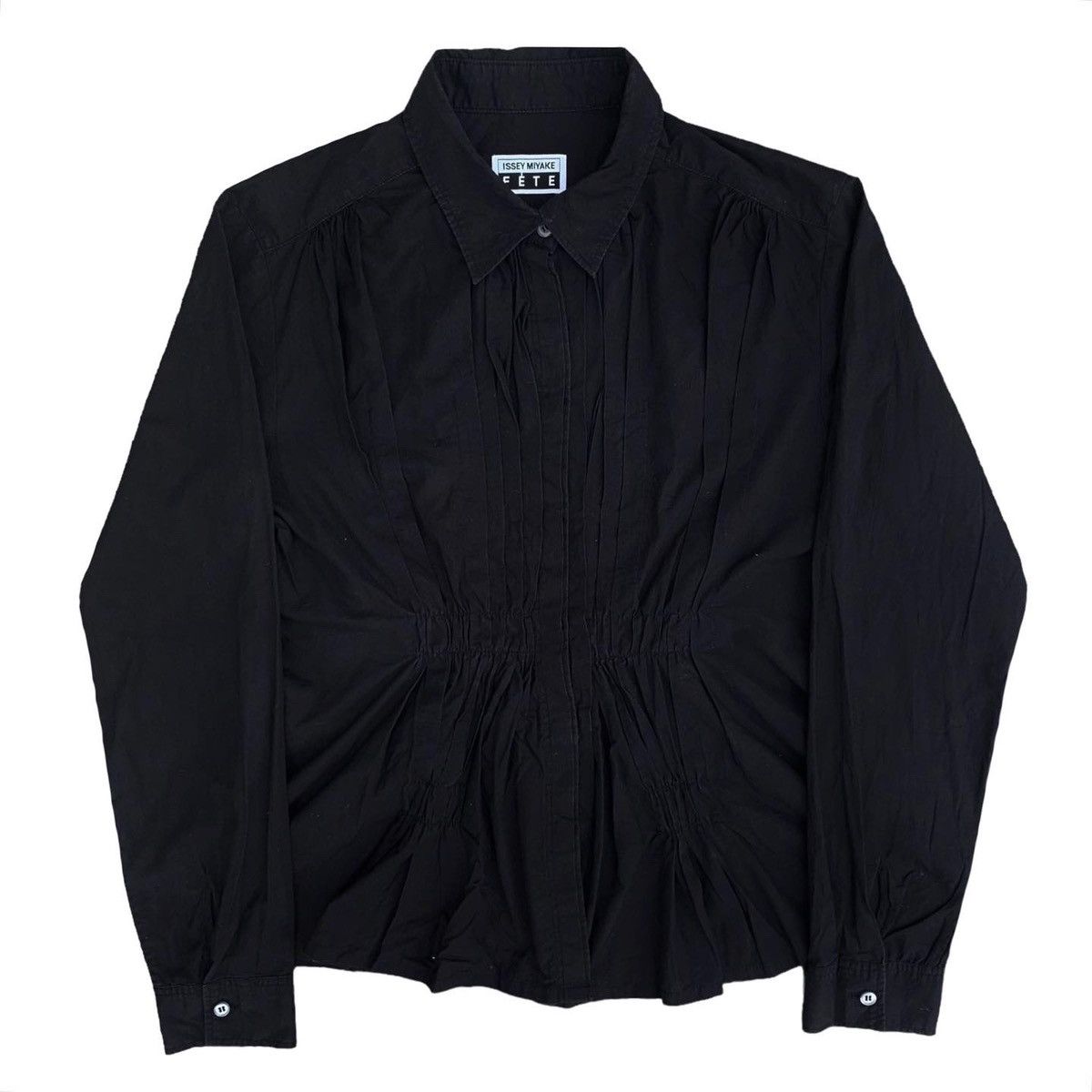 image of Issey Miyake Fete Pleated Button Up Black Shirt, Women's (Size Medium)