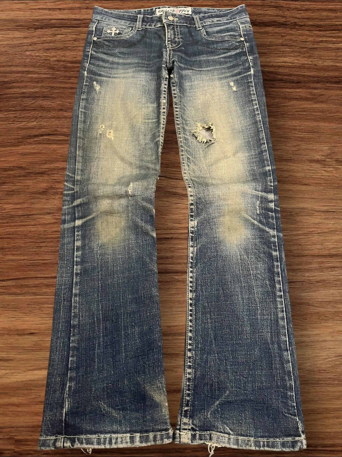 Ed Hardy ⚡️Insane⚡️Grashopper Skull Trinity Embroidered Rip Flare Jeans Size US 29 - 2 Thumbnail