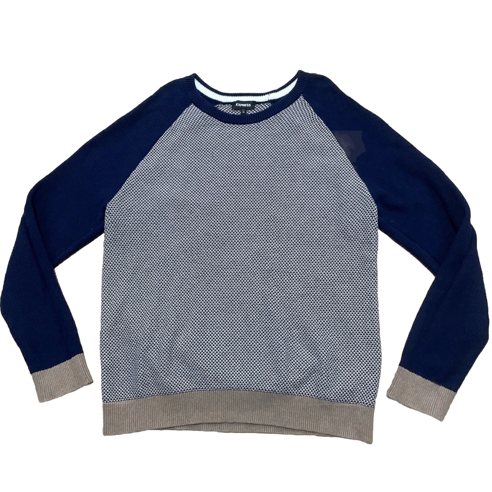Express VINTAGE Express Knit Statement Sweater Men 2XL Texture Old Money Yacht Preppy Cotton XXL Cream Tan Blue, 80s 90s Classic, Wool? Wait - hold on. Size US XXL / EU 58 / 5 - 2 Thumbnail