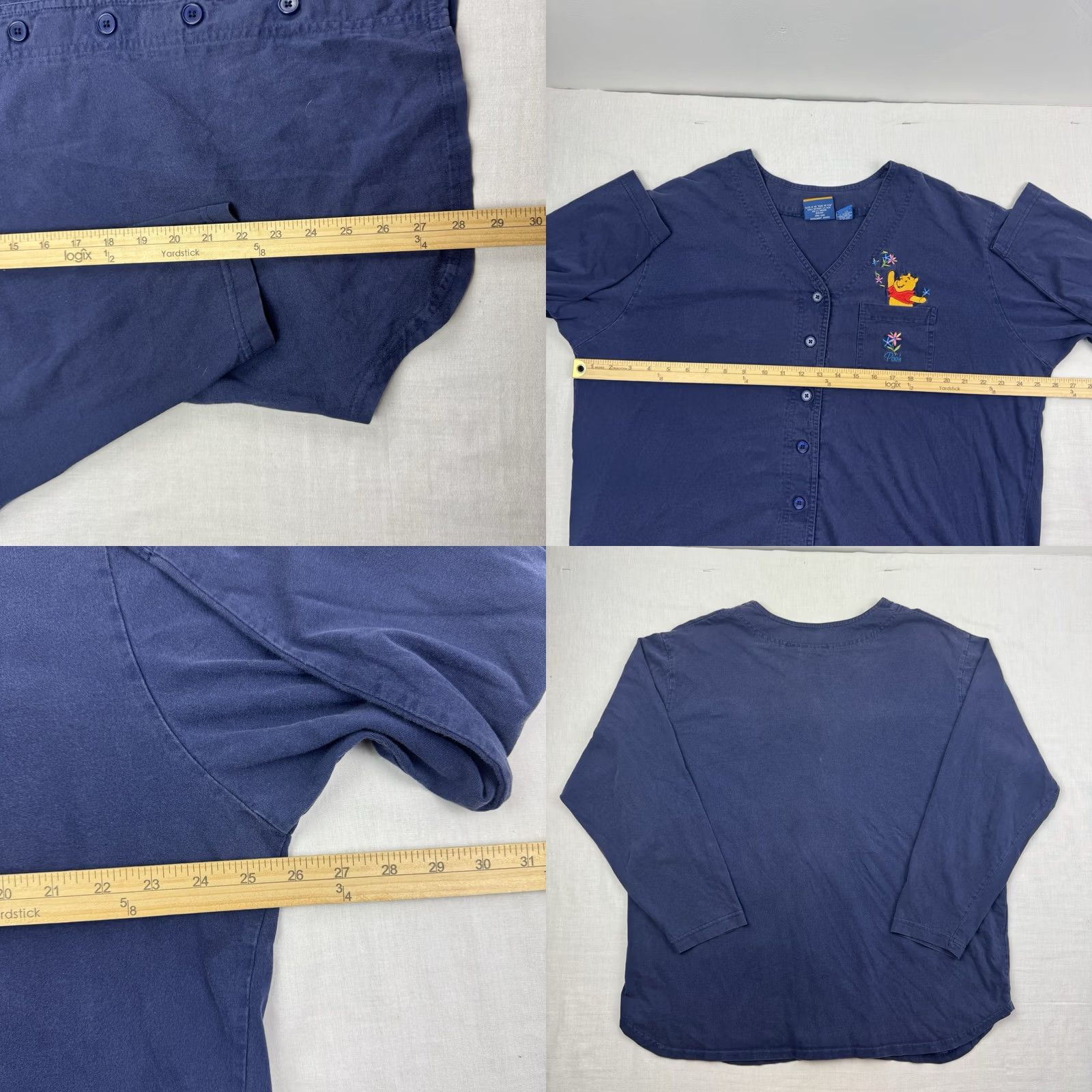 Disney VINTAGE Pooh Winnie The Pooh Button-Up Shirt Womens 2X Blue Cotton Embroidered Flowers Long Sleeve V-Neck Womens Disney World 90s Size XXL / US 16-18 / IT 52-54 - 8 Thumbnail