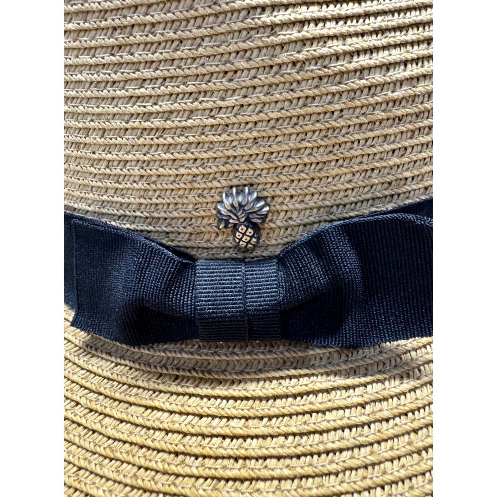 Vintage Cappelli Wide Brim Straw Hat Black Ribbon Bow Pineapple Accent Sun Hat Beach Summer Women's One Size Black Size ONE SIZE - 6 Thumbnail