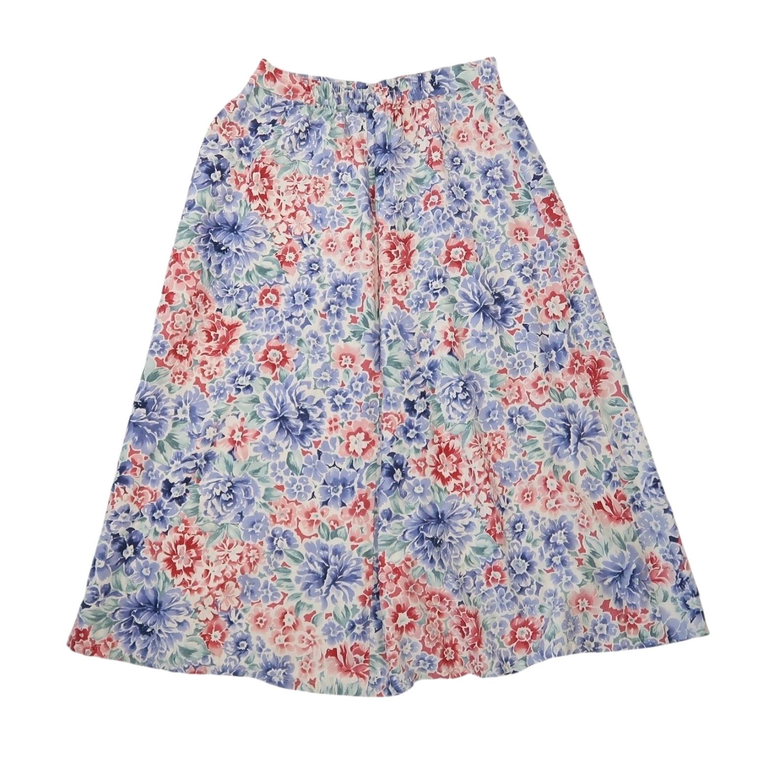 Vintage VINTAGE Essential Elements Silk Midi Skirt Women's S Floral 90s Blue Red Cream Button Back Elastic Spring Summer Size 28" / US 6 / IT 42 - 3 Thumbnail