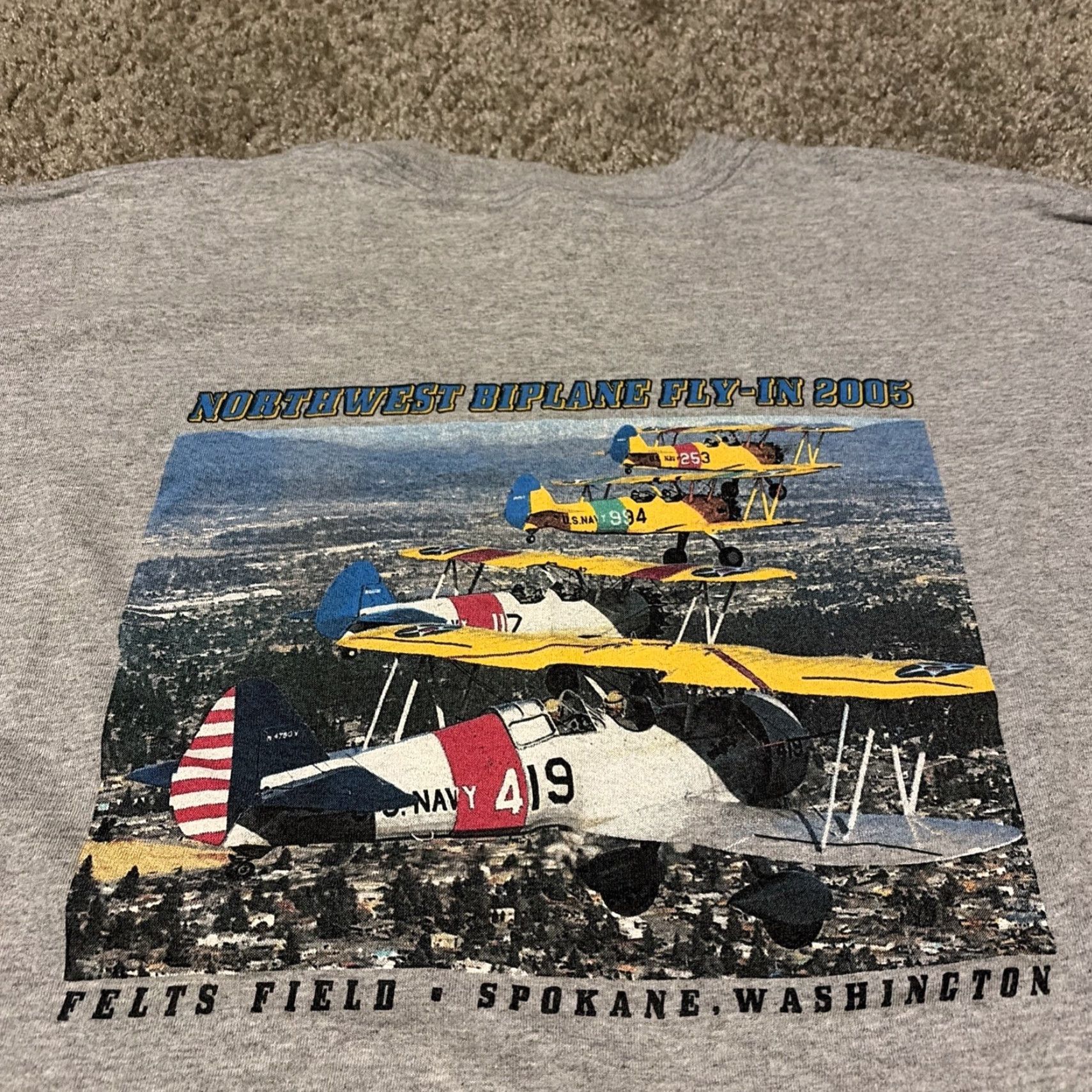 Gildan VINTAGE 2005 Biplane Airplane Grey Flying Rally Spokane Washington T-Shirt XL Size US XL / EU 56 / 4 - 2 Thumbnail