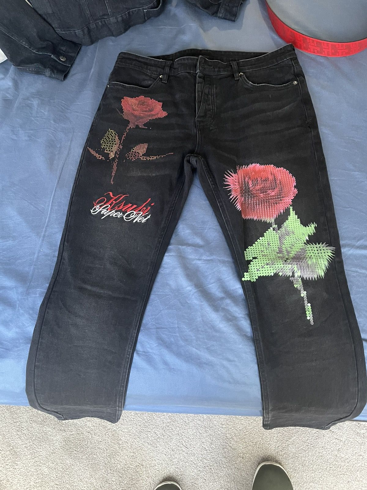 image of Ksubi Rose Pixel Graphic Print Denim Jeans in Black/Red, Men's (Size 36)