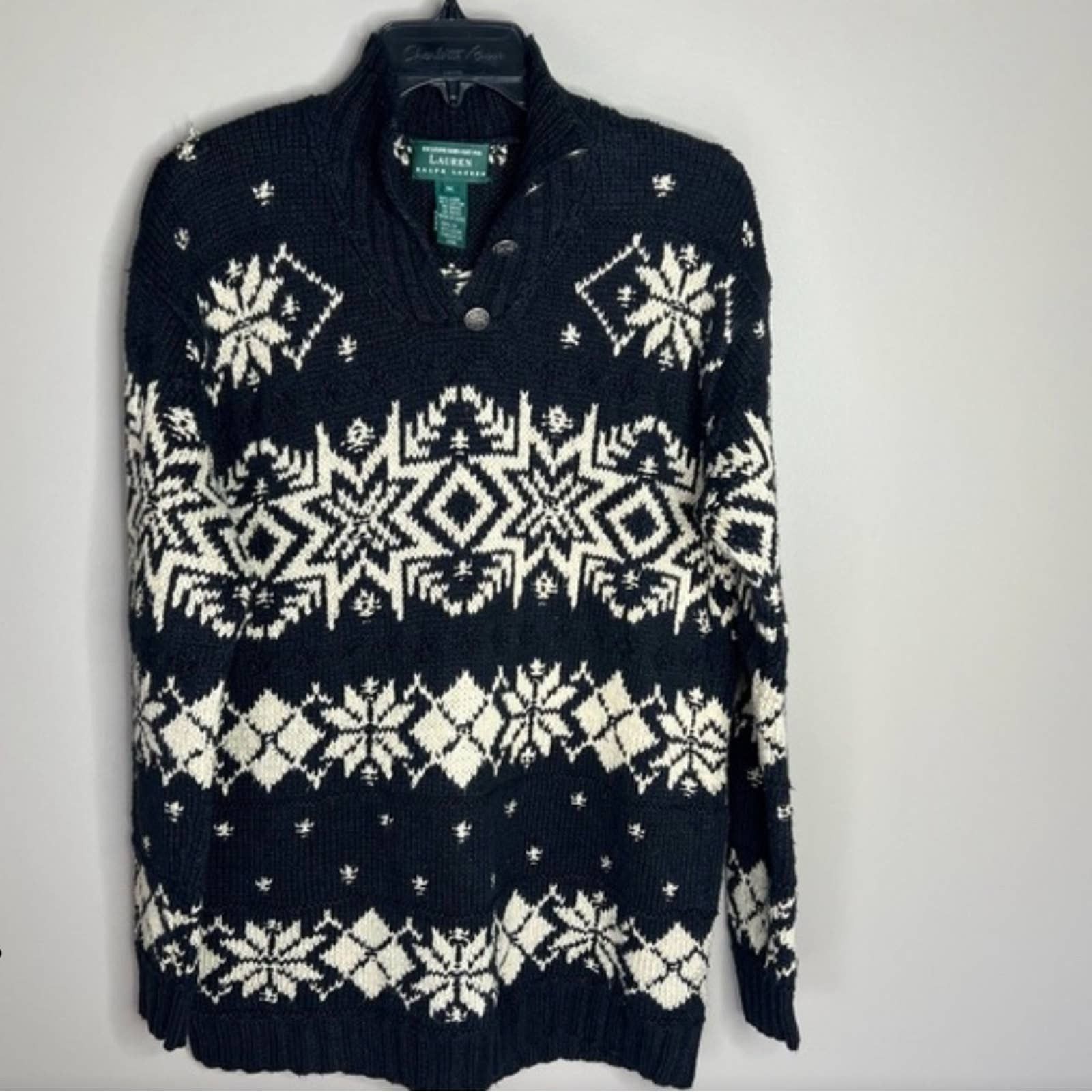 image of Lauren Ralph Laurent Hand Knit Snowflake Linen Sweater in Black, Women's (Size Medium)