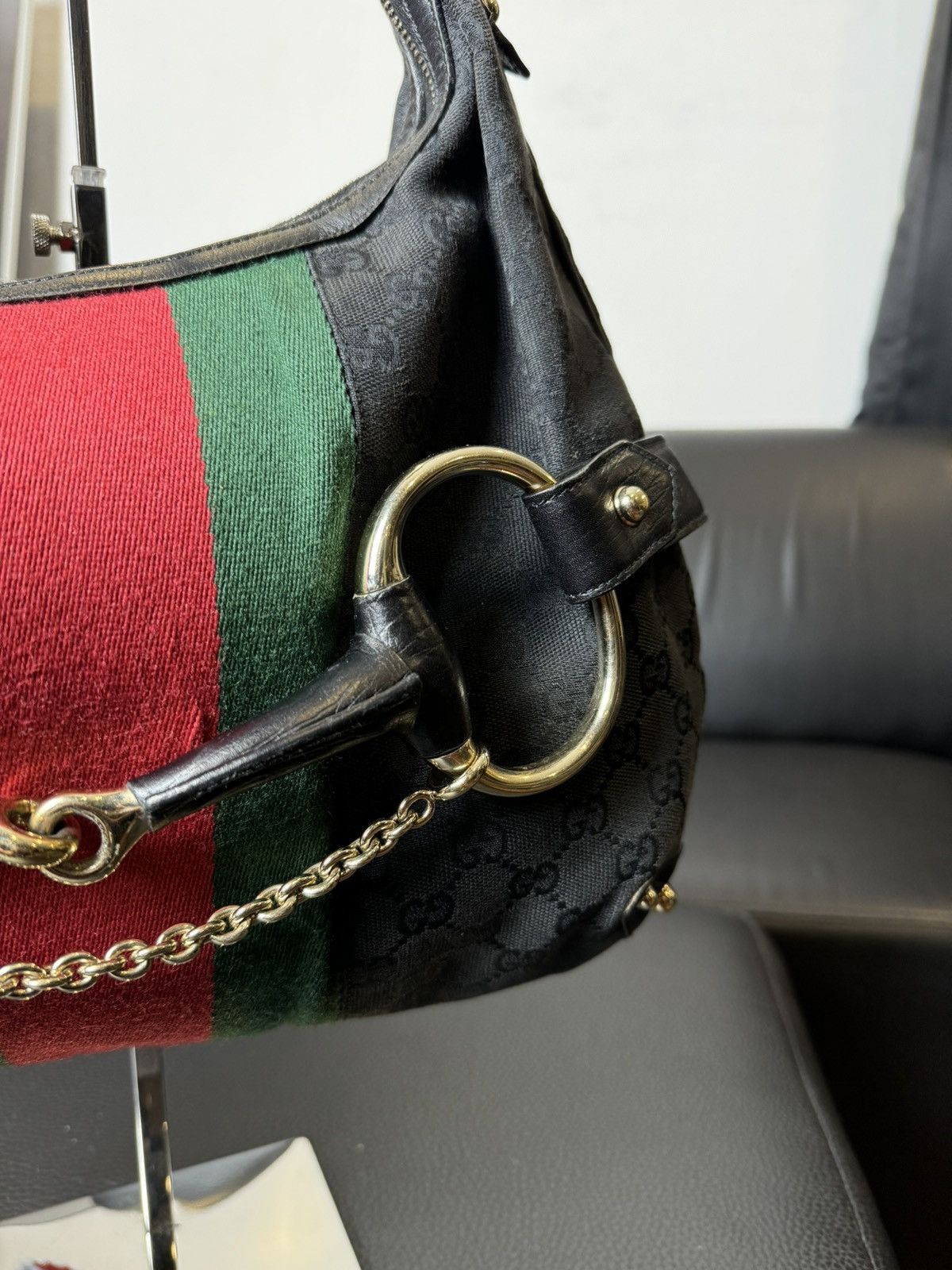 Gucci Gucci Black GG Canvas and Leather Horsebit Web Hobo Size ONE SIZE - 4 Thumbnail