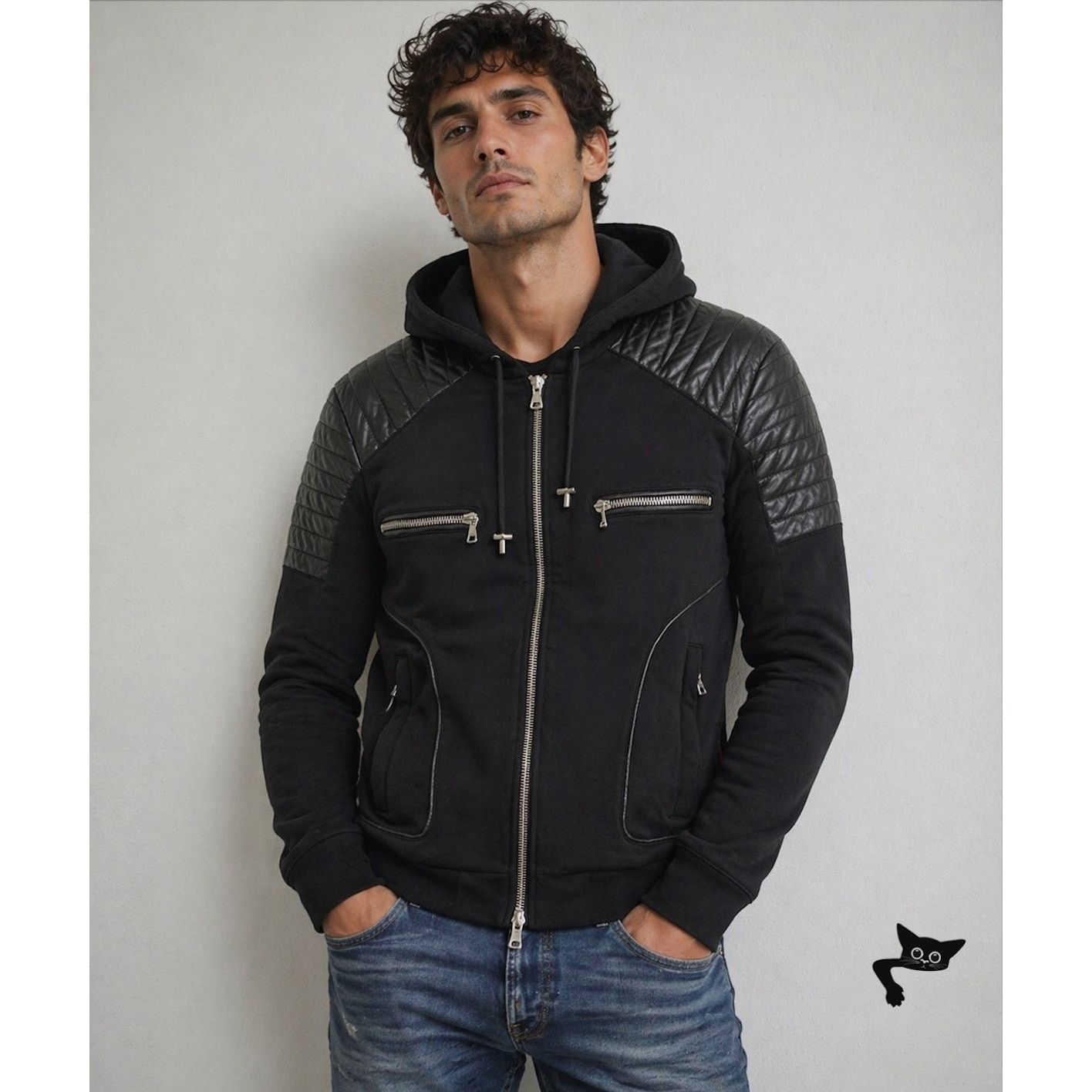 Balmain Balmain Black Moto Hoodie Leather-Shoulder Zip Sweatshirt M Size US M / EU 48-50 / 2 - 3 Thumbnail