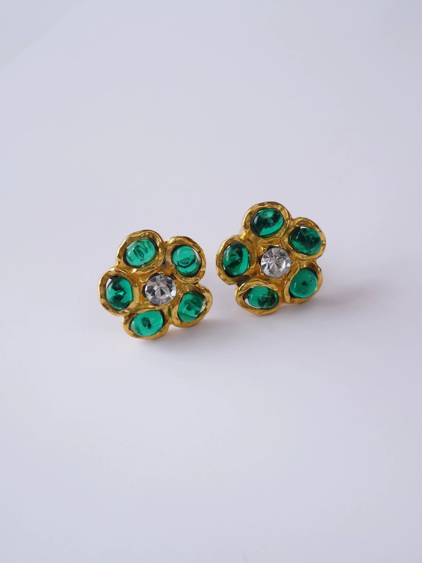 Chanel Chanel Vintage Green Glass Flower Rhinestone Earring 2.8cm Size ONE SIZE - 2 Thumbnail