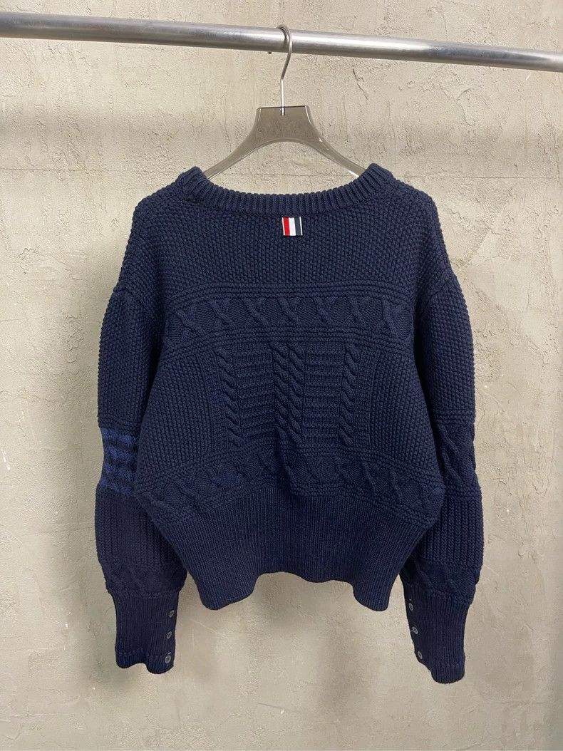 Thom Browne Thom Browne Dark blue four-striped jacquad round-neck wool Size US XL / EU 56 / 4 - 2 Thumbnail