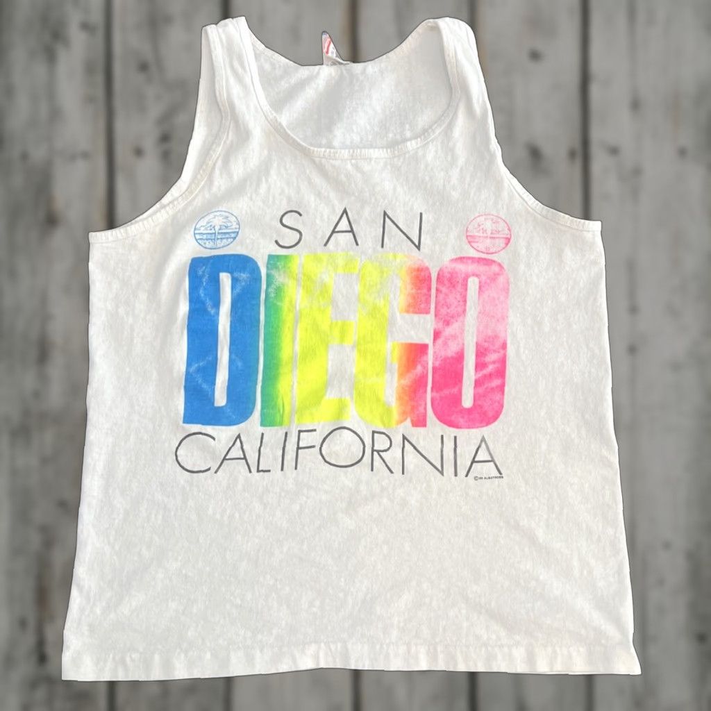Fruit Of The Loom VINTAGE 1986 San Diego California Tank Top Men Large Cotton Neon Graphics 80s Beach Sportswear Mens Size US L / EU 52-54 / 3 - 1 Thumbnail