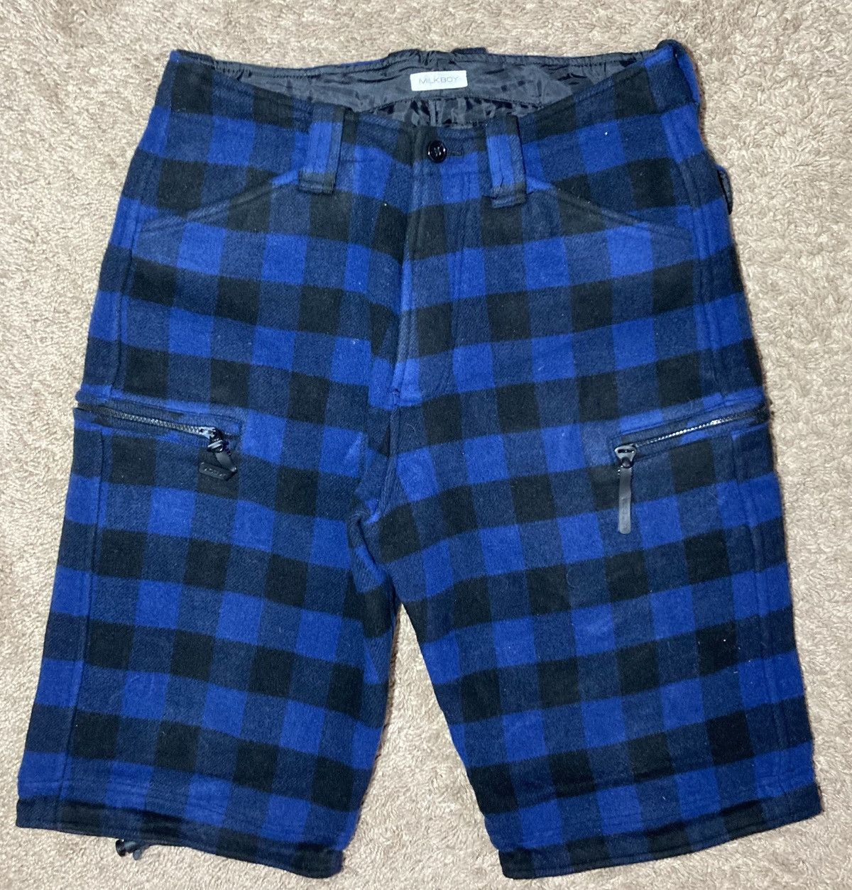 Japanese Brand 90s Milkboy Wool Plaid Cargo Shorts Blue Tartan Punk Baggy Size US 34 / EU 50 - 1 Thumbnail