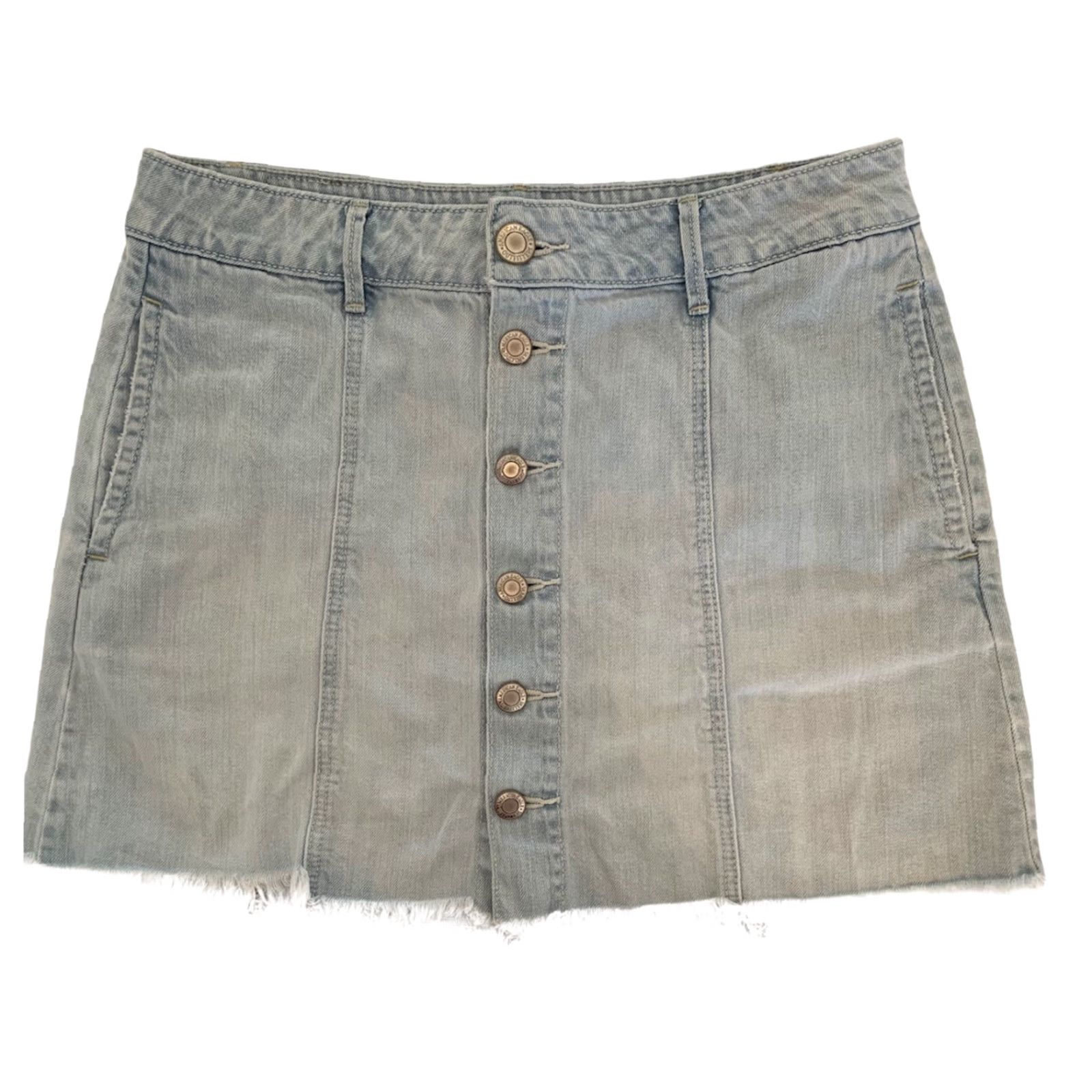 American Eagle Outfitters VINTAGE 6 American Eagle Outfitters Light Wash Button Front Jean Skirt Denim Frayed Hem Size 28" / US 6 / IT 42 - 2 Thumbnail