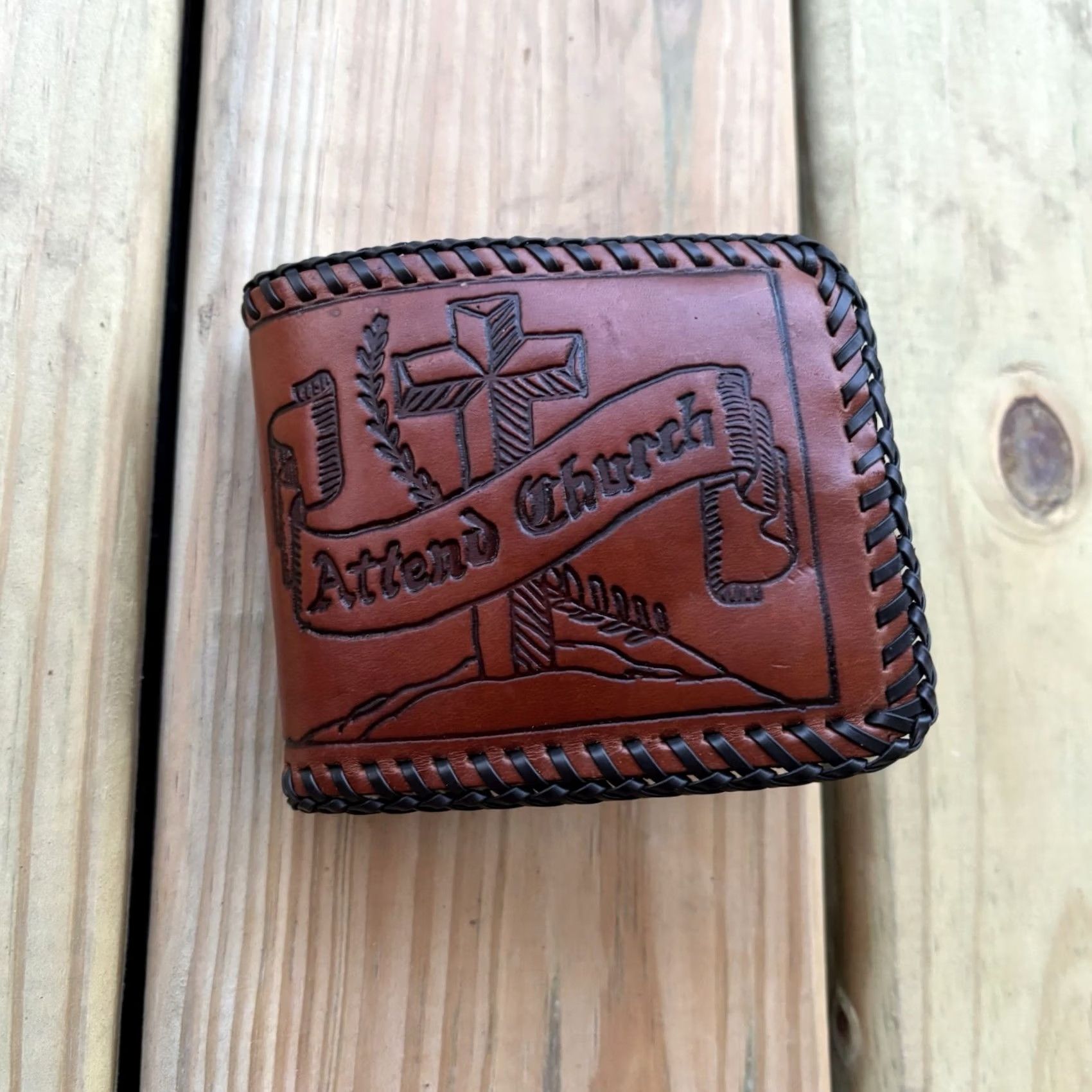 Vintage VINTAGE Wallet Bifold Leather Whipstitch Jesus Christ USA Unisex 9in 4in Brown Leather Credit Card Hand Made 80s Artifact Size ONE SIZE - 4 Thumbnail