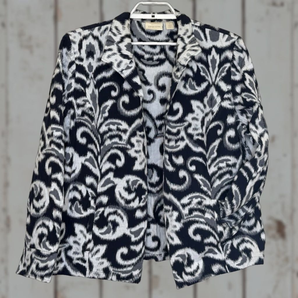 Vintage Chico’s Jacket Open Front Size 3 XL Dark Blue Print Long Sleeve Collared Pockets Size XL / US 12-14 / IT 48-50 - 1 Thumbnail