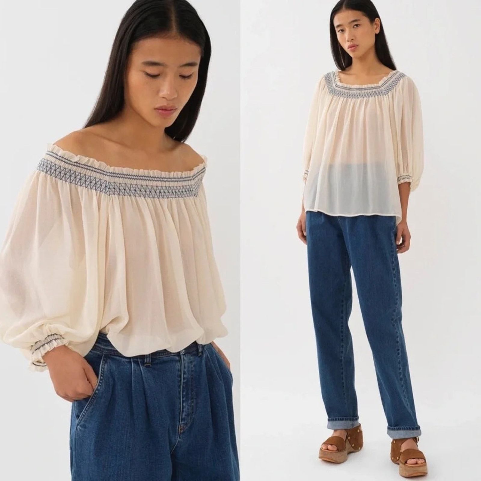 Chloe See by Chloe Off Shoulder Smocked Top Blouse Sheer Gypsy Size S / US 4 / IT 40 - 1 Thumbnail