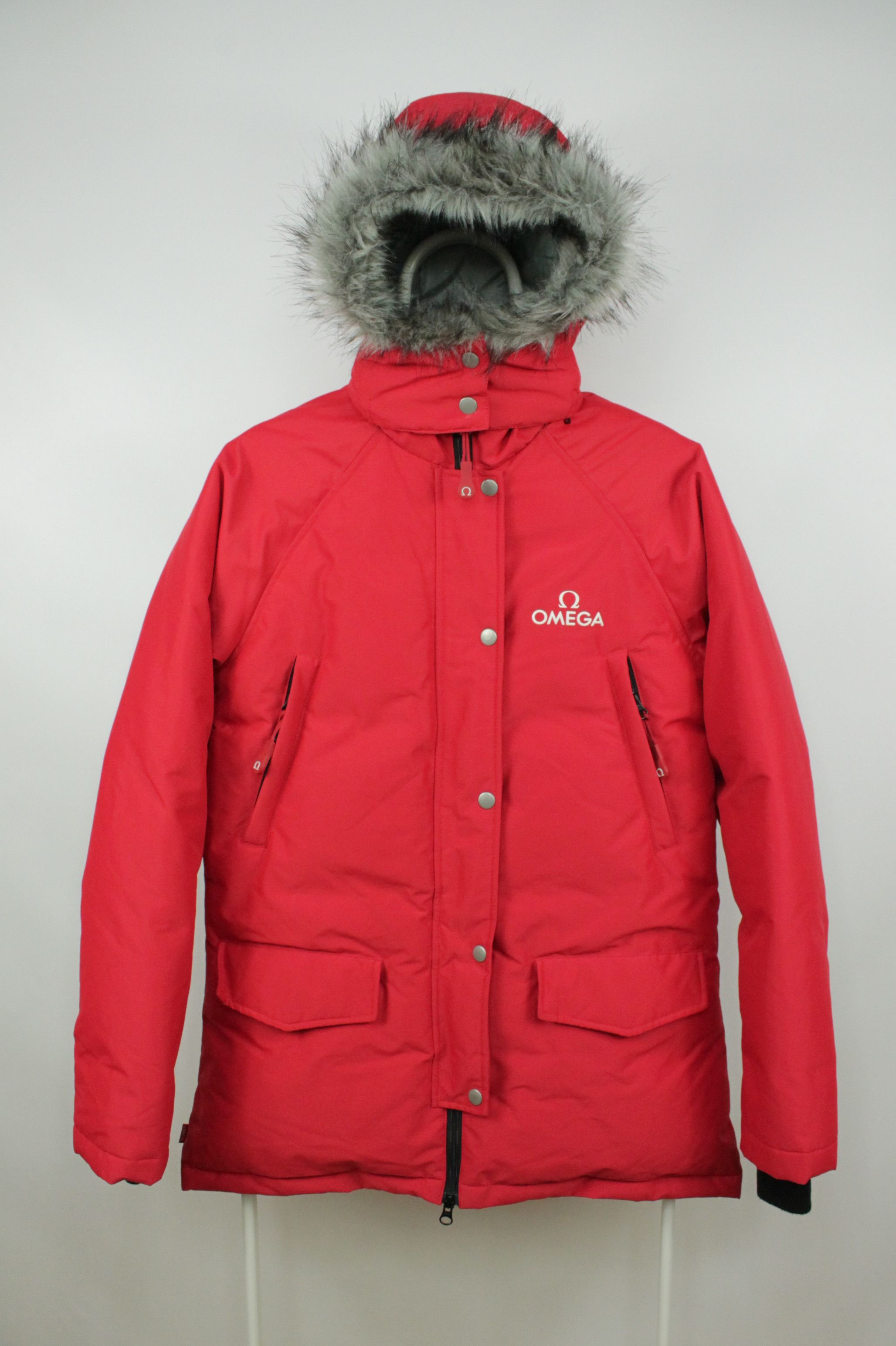 image of Omega Red Down Puffer Women's Parka Jacket (Size Small)