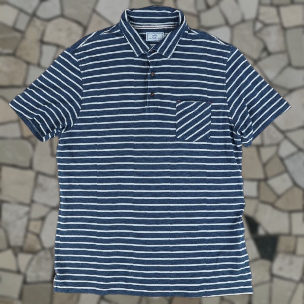 Southern Tide Southern Tide Polo Shirt Navy Blue Striped Pocket Cotton Blend XL Men Shirt Size US XL / EU 56 / 4 - 1 Thumbnail