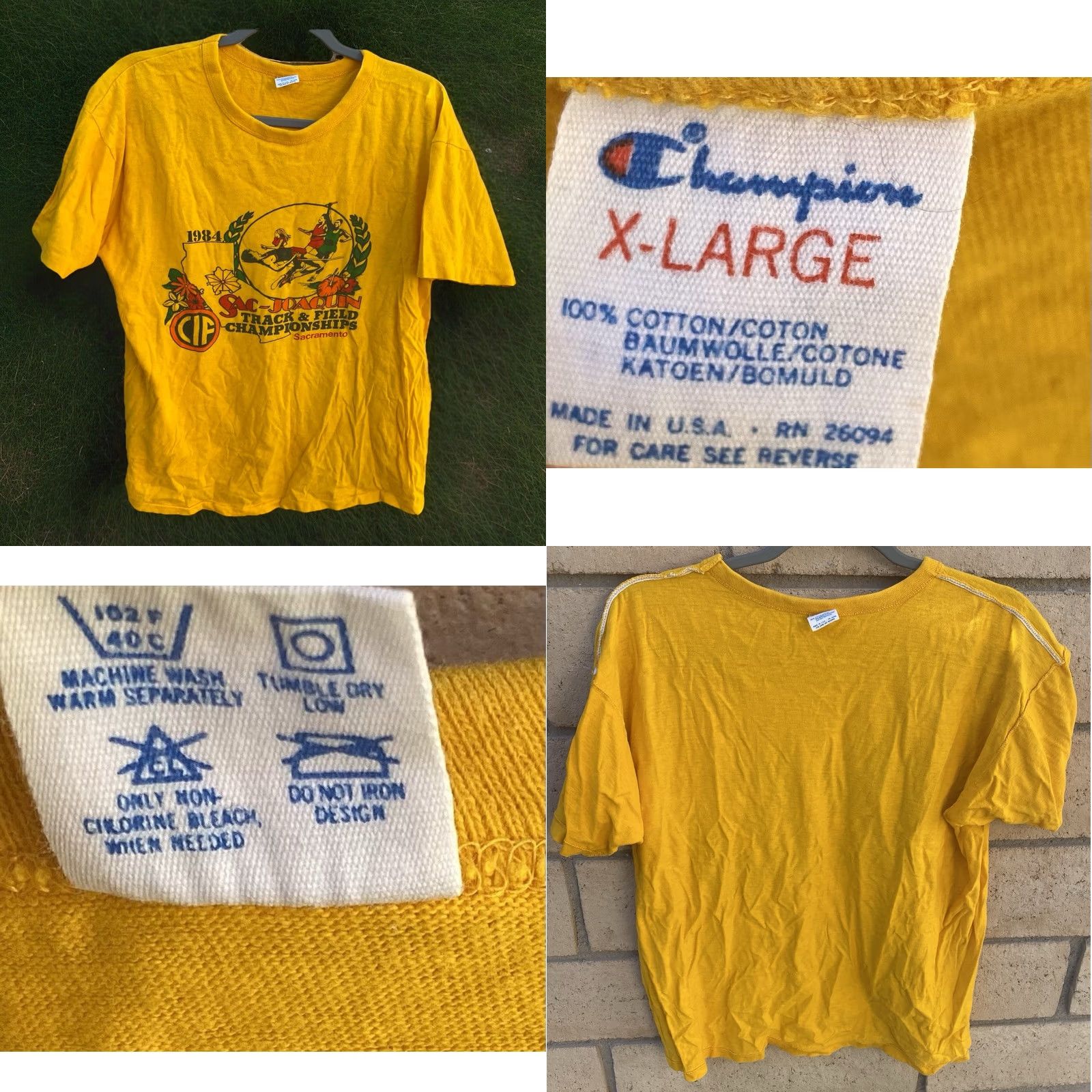 Champion VINTAGE Champion Sacramento T-Shirt XL School Sports 1984 CA 80s California Track & Field Championships Shirt Mens Yellow Size US XL / EU 56 / 4 - 11 Thumbnail