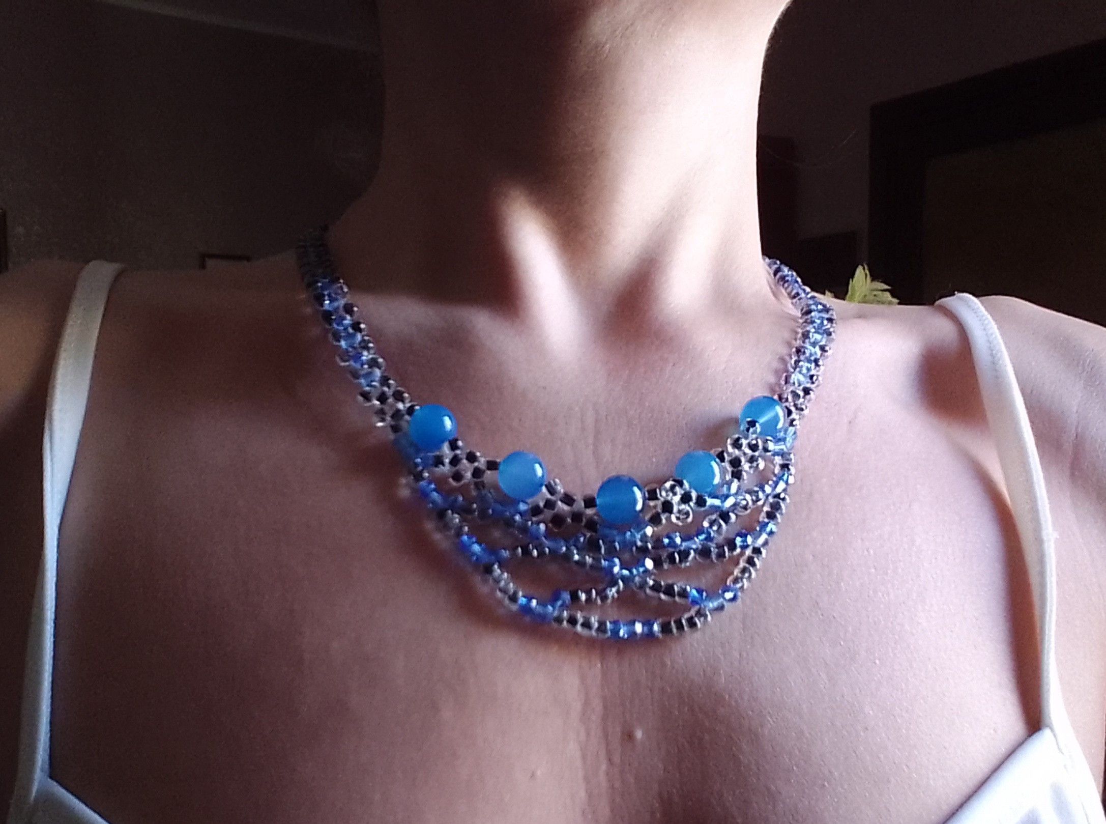 Handmade Black Necklace. Netted Glamour blue Agate Gemstones Size ONE SIZE - 3 Thumbnail
